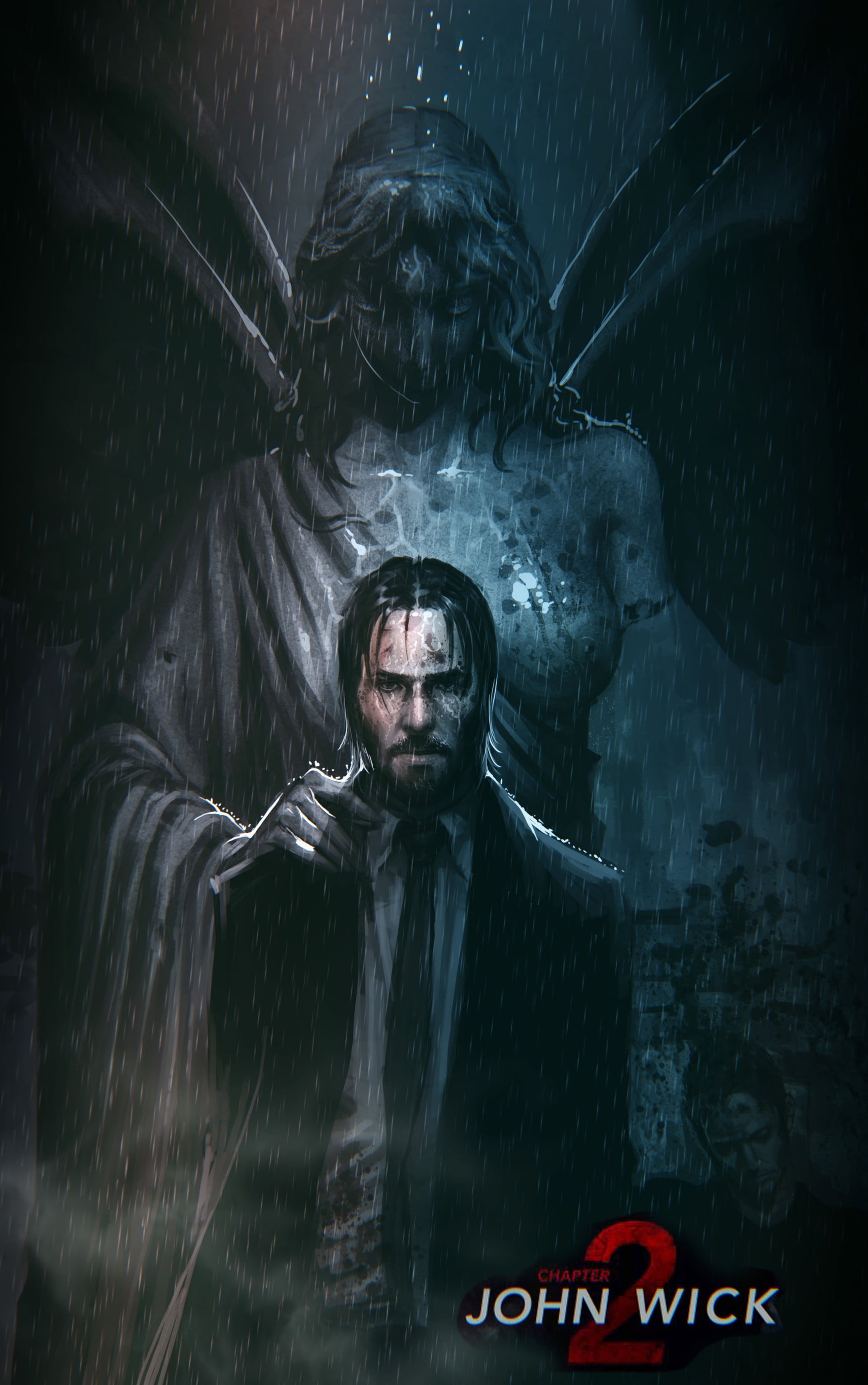 fan art, digital painting, fallen angel, artwork, digital art, Keanu Reeves, 2K, black suit, John Wick, Fortis Fortuna Adiuvat, John Wick Chapter 2, Phone HD Wallpaper