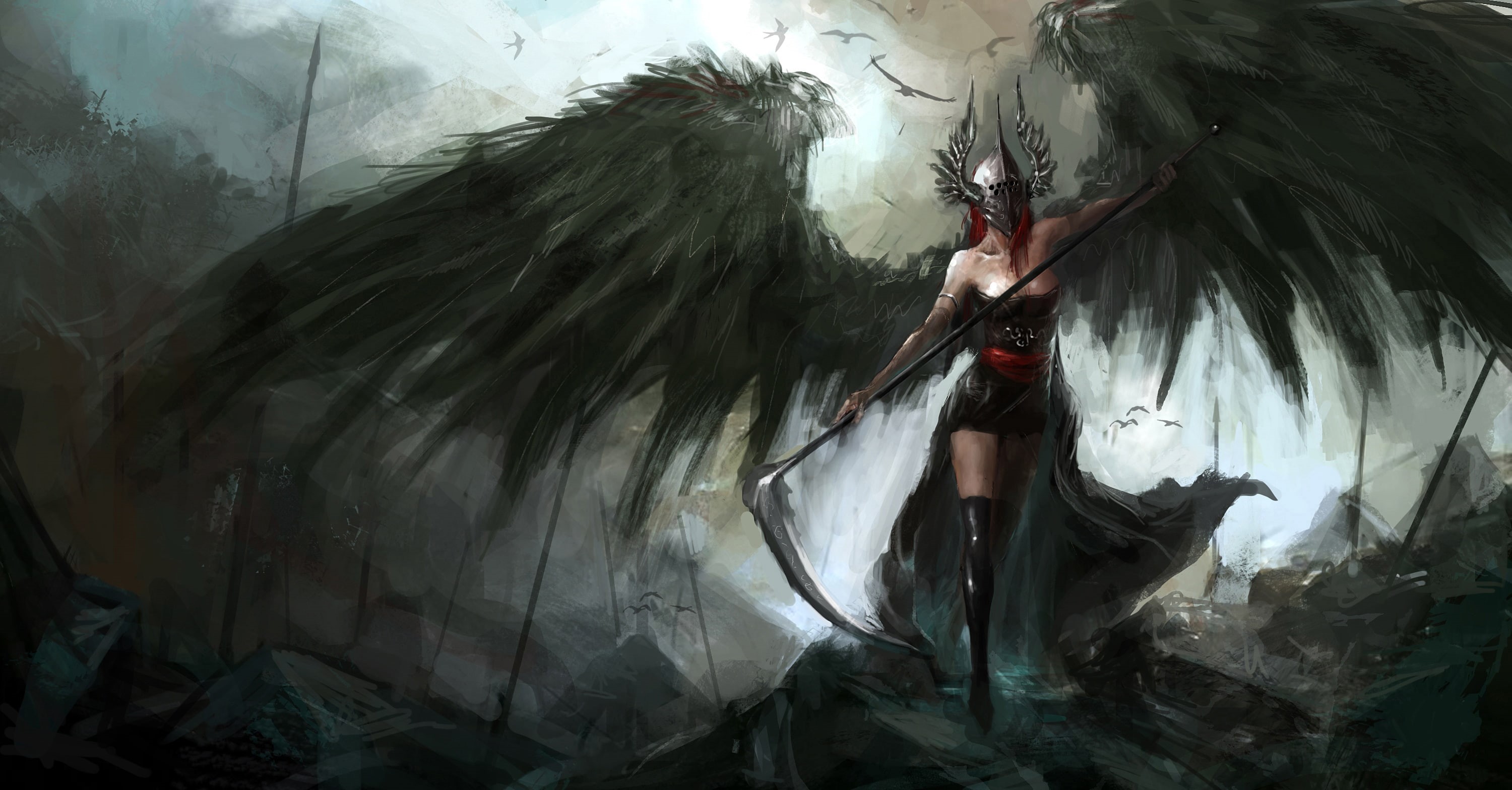 helmet, fiction, fallen angel, weapons, wings, art, 2K, braid, HD Wallpaper