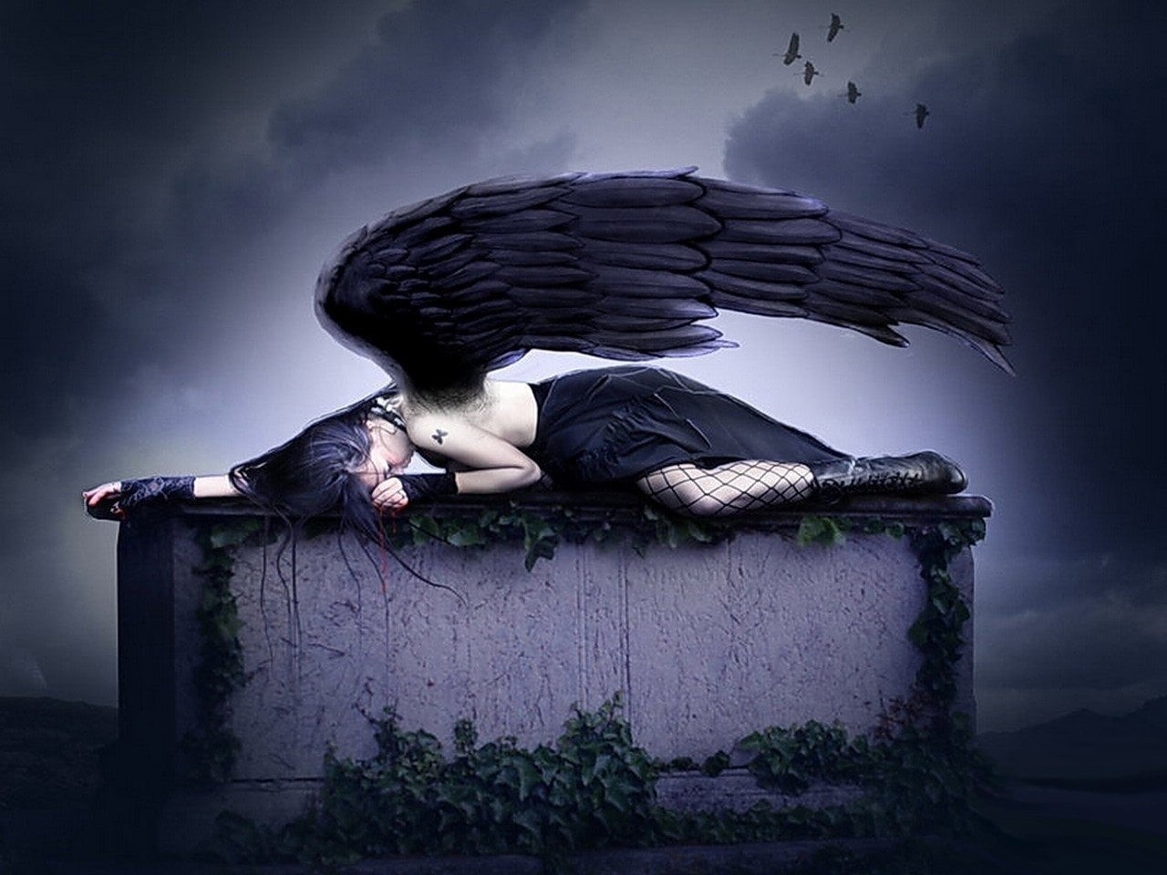 illustration, women, nature, Wings, solitude, sadness, depression - sadness, cemetery, emotion, tombstone, stone, gothic style, females, one person, adult, HD Wallpaper