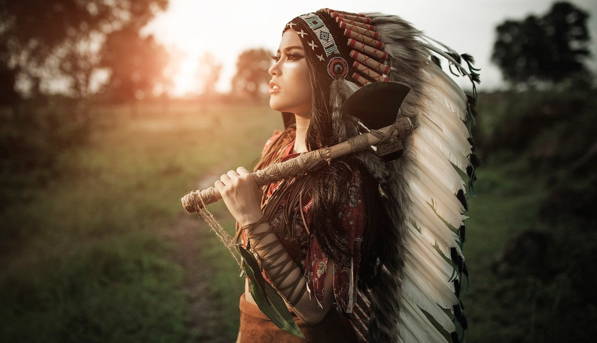 fashion, clothing, Headdress, portrait, 1080P, brown hair, one person, beautiful woman, beauty, Depth Of Field, hair, nature, outdoors, forest, land, contemplation, HD Wallpaper