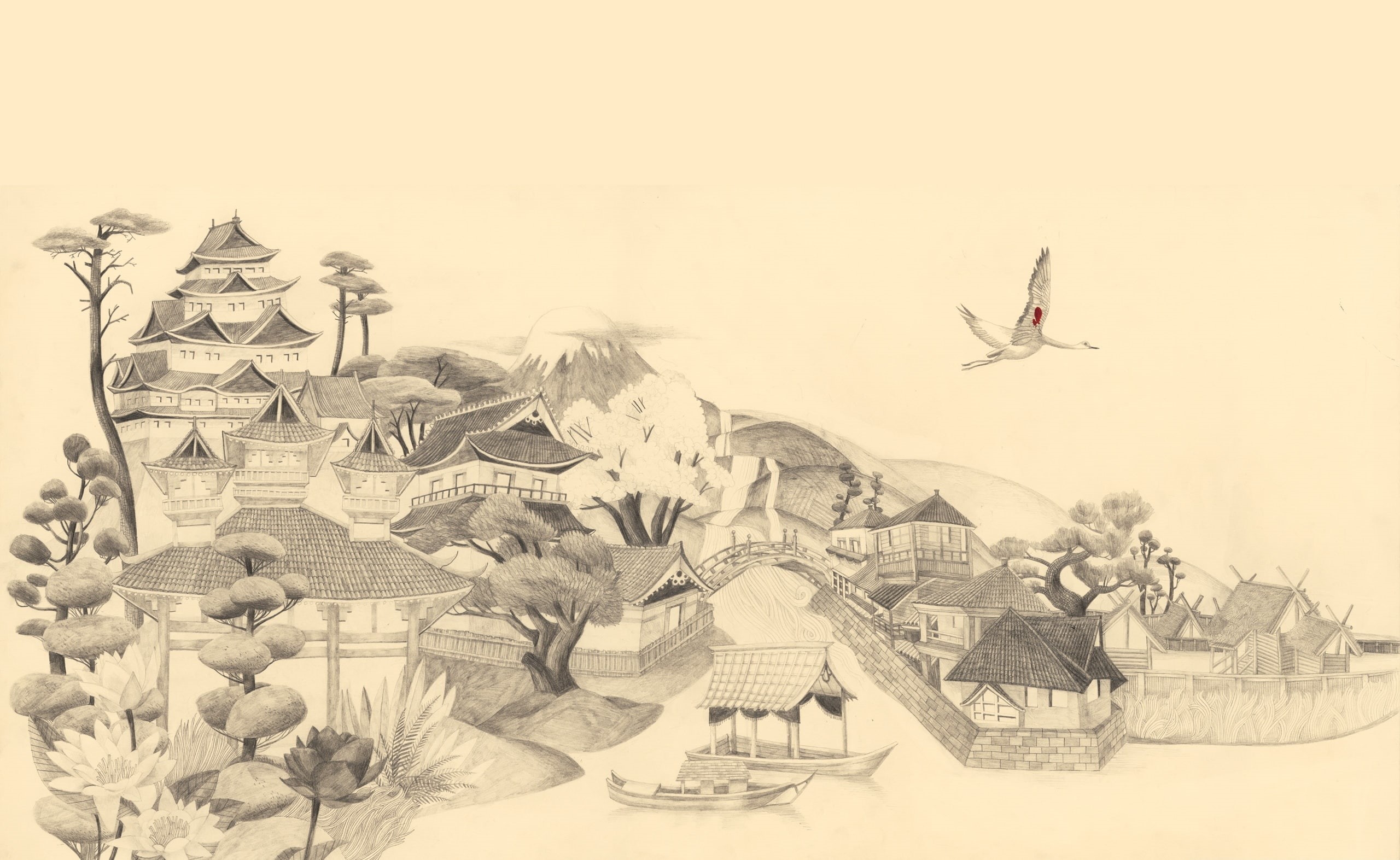 sketch, mode of transportation, mid-air, house, Artistic, group of animals, animal, vertebrate, goose, Japanese, no people, air vehicle, outdoors, animal wing, HD Wallpaper