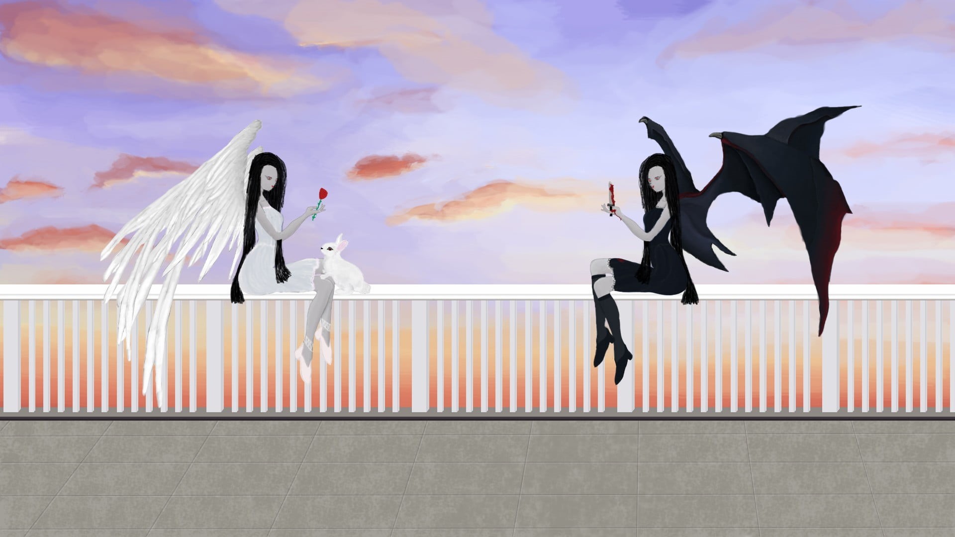 day, digital composite, illustration, 1080P, human representation, nature, no people, female, cloud - sky, bird, wall - building feature, rabbits, sky, HD Wallpaper