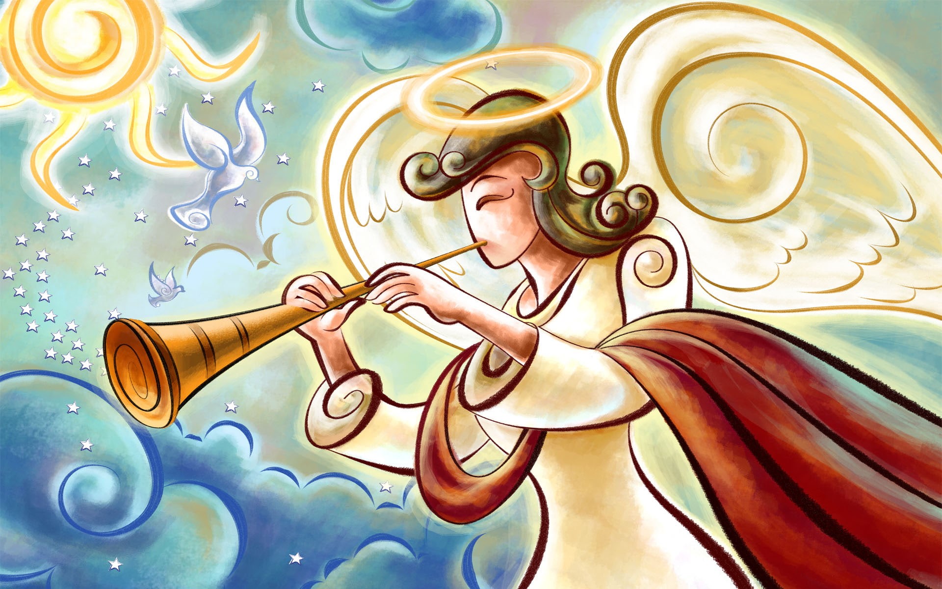 christmas, horn, drawing, digital/artwork, 1080P, hd, angel, HD Wallpaper