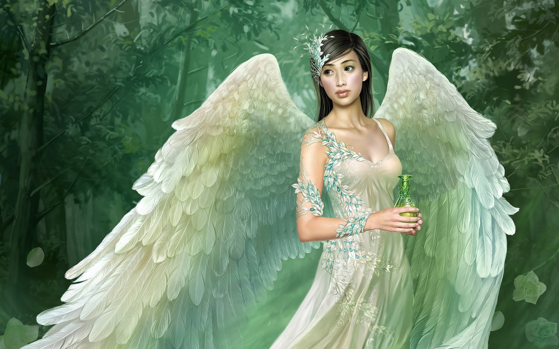 Wings, Girl, 1080P, Angel, Green, HD Wallpaper