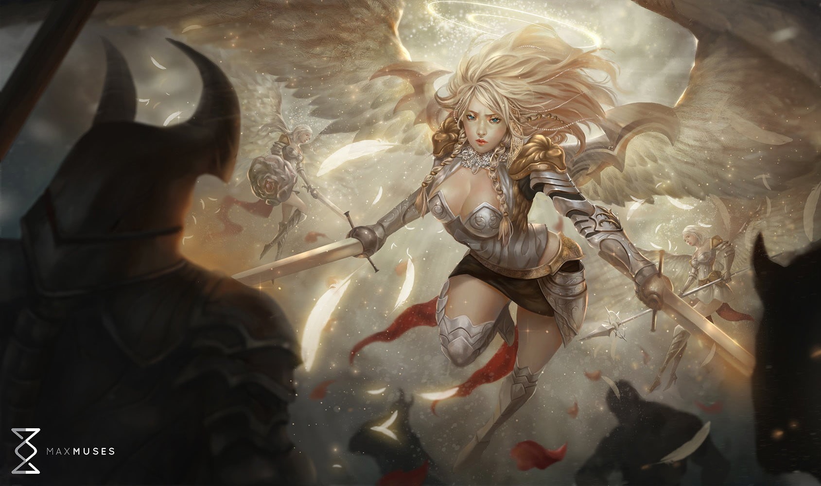 representation, female likeness, fantasy art, reflection, sword, male likeness, window, spirituality, angel, art and craft, indoors, human representation, HD Wallpaper