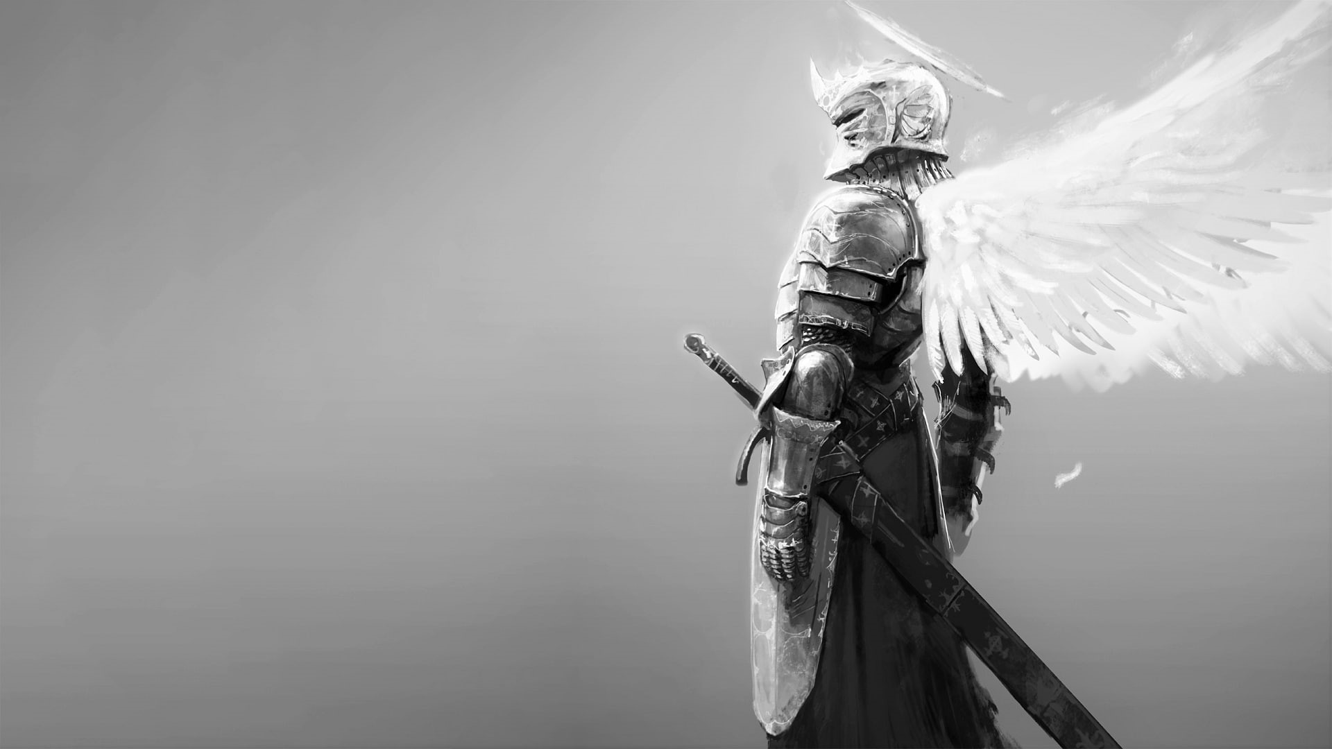 1080P, armor, angel wings, monochrome, knight, sword, Halo, HD Wallpaper