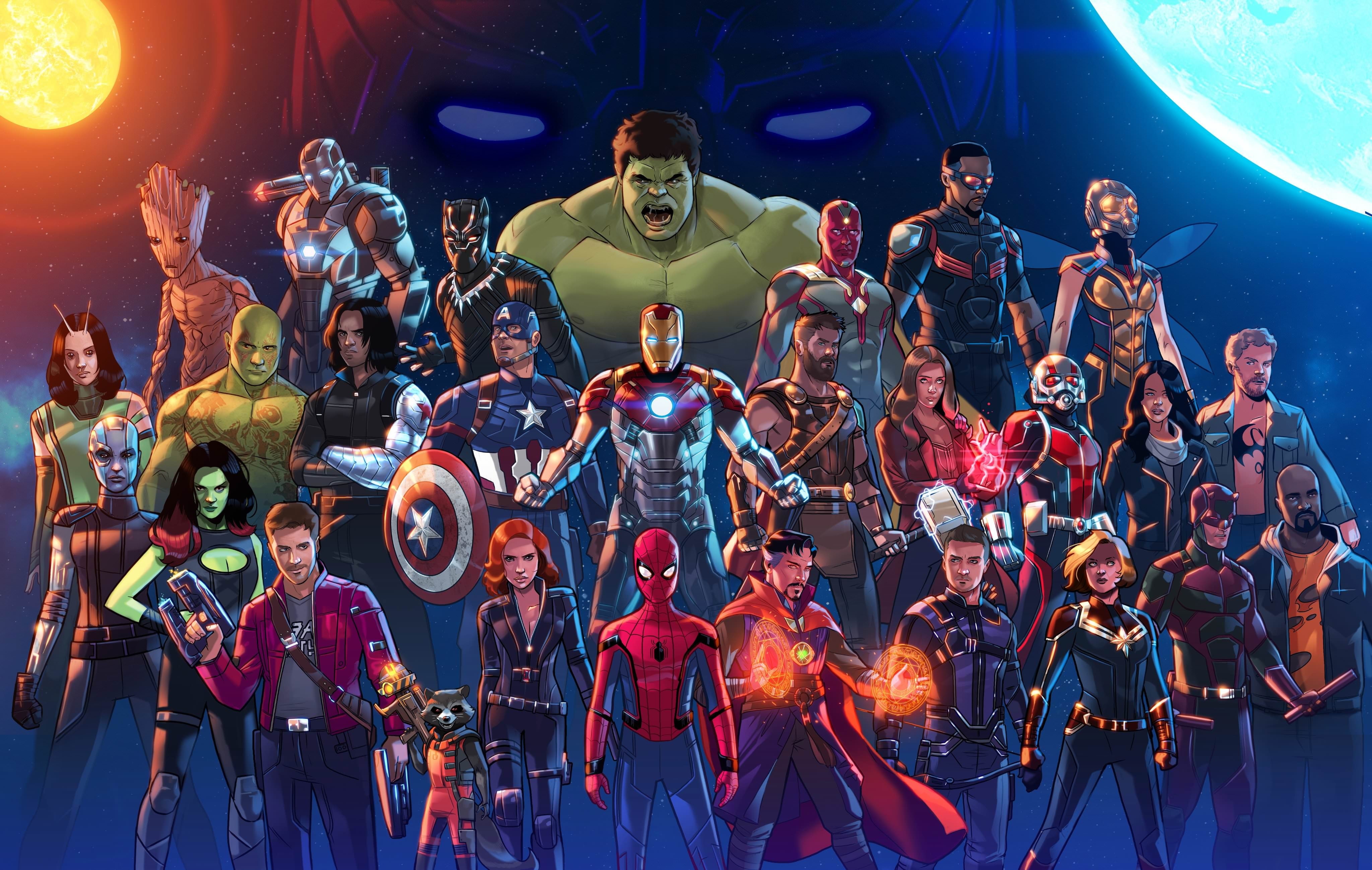 Vision, The Avengers, 4K, Ant-Man, Spider-Man, Black Panther, Marvel Cinematic Universe, Scarlet Witch, Dr. Strange, Jessica Jones, Captain America, Stephen Byrne, HD Wallpaper