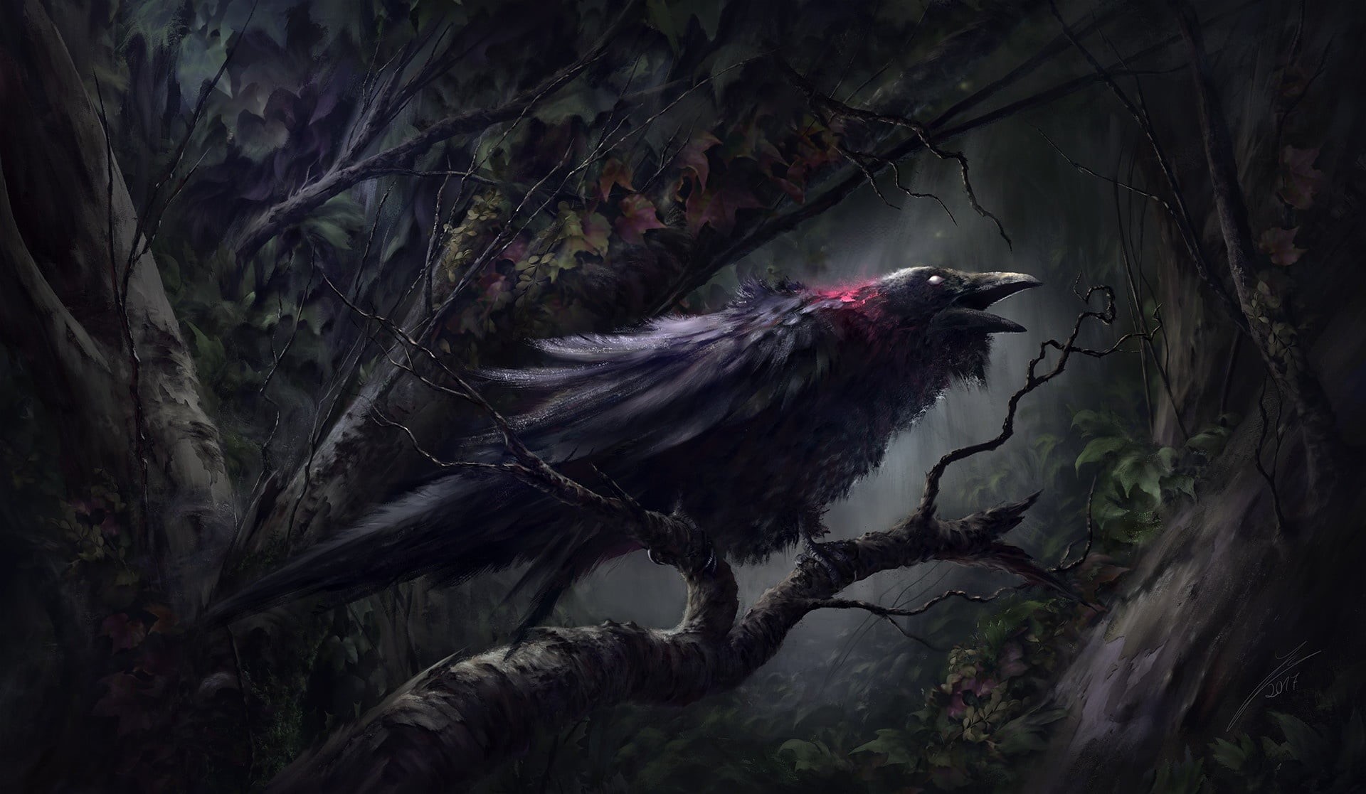 black Raven, damn place, dark forest, blood, in the dark, 1080P, HD Wallpaper