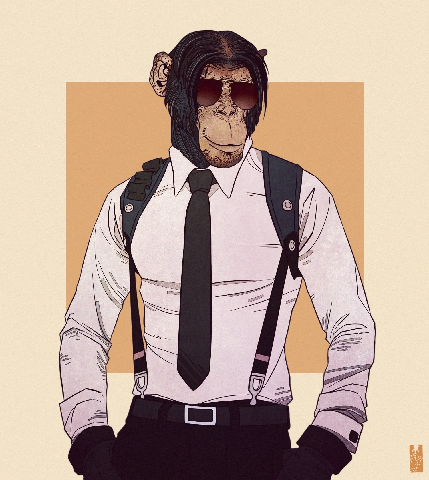animals, dress, Zarnala, illustration, monkey, adult, men, bizarre, retro styled, shirt, looking at camera, menswear, front view, mask, character design , Phone HD Wallpaper