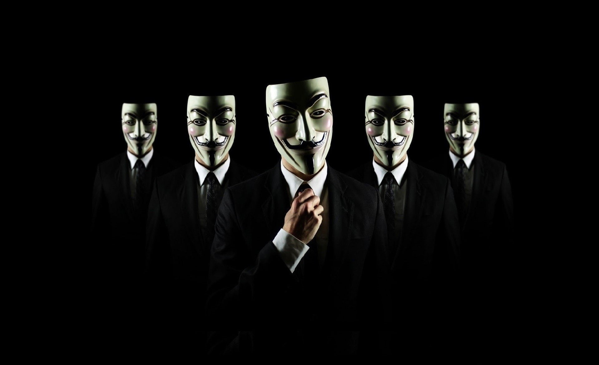 anonymous, adult, mask, Computers, coworker, businessman, suit, men, 1080P, guy, emotion, looking at camera, black background, business person, success, HD Wallpaper