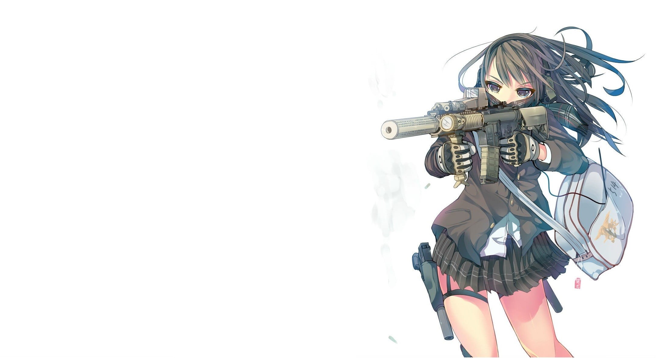 young adult, hairstyle, school uniform, 1080P, front view, clothing, young women, anime girls, gun, one person, women, real people, copy space, white background, HD Wallpaper