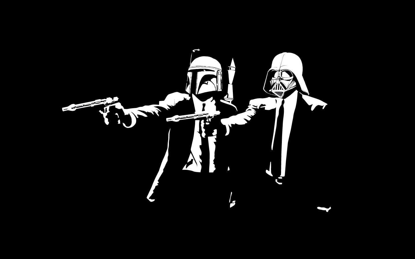 movies, Boba Fett, dark, 720P, Pulp Fiction, humor, Star Wars, artwork, gun, minimalism, helmet, black, simple background, Darth Vader, Pulp Fiction (parody, HD Wallpaper