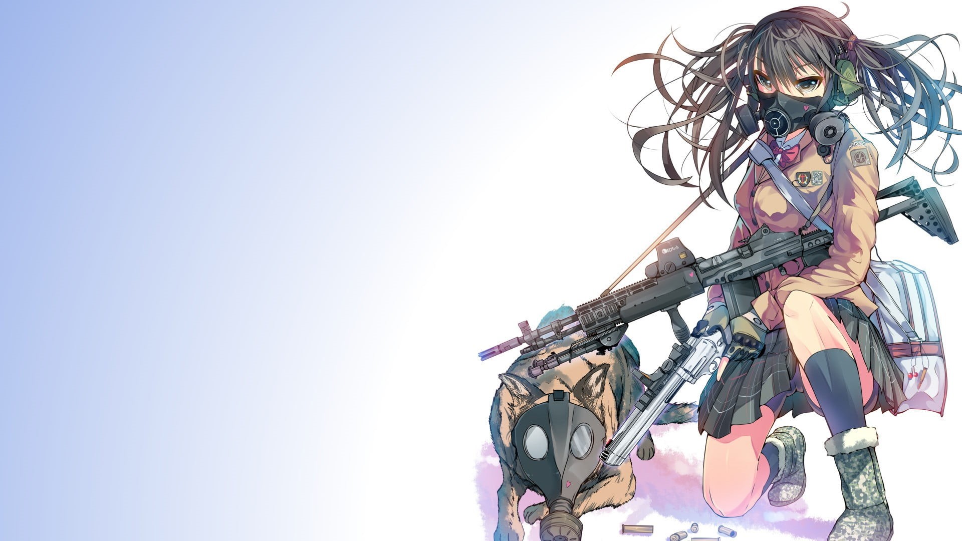 .357 Magnum, sunlight, low angle view, sky, outdoors, illustration, anime girls, gun, holiday, women, copy space, anime, technology, clear sky, holding, HD Wallpaper