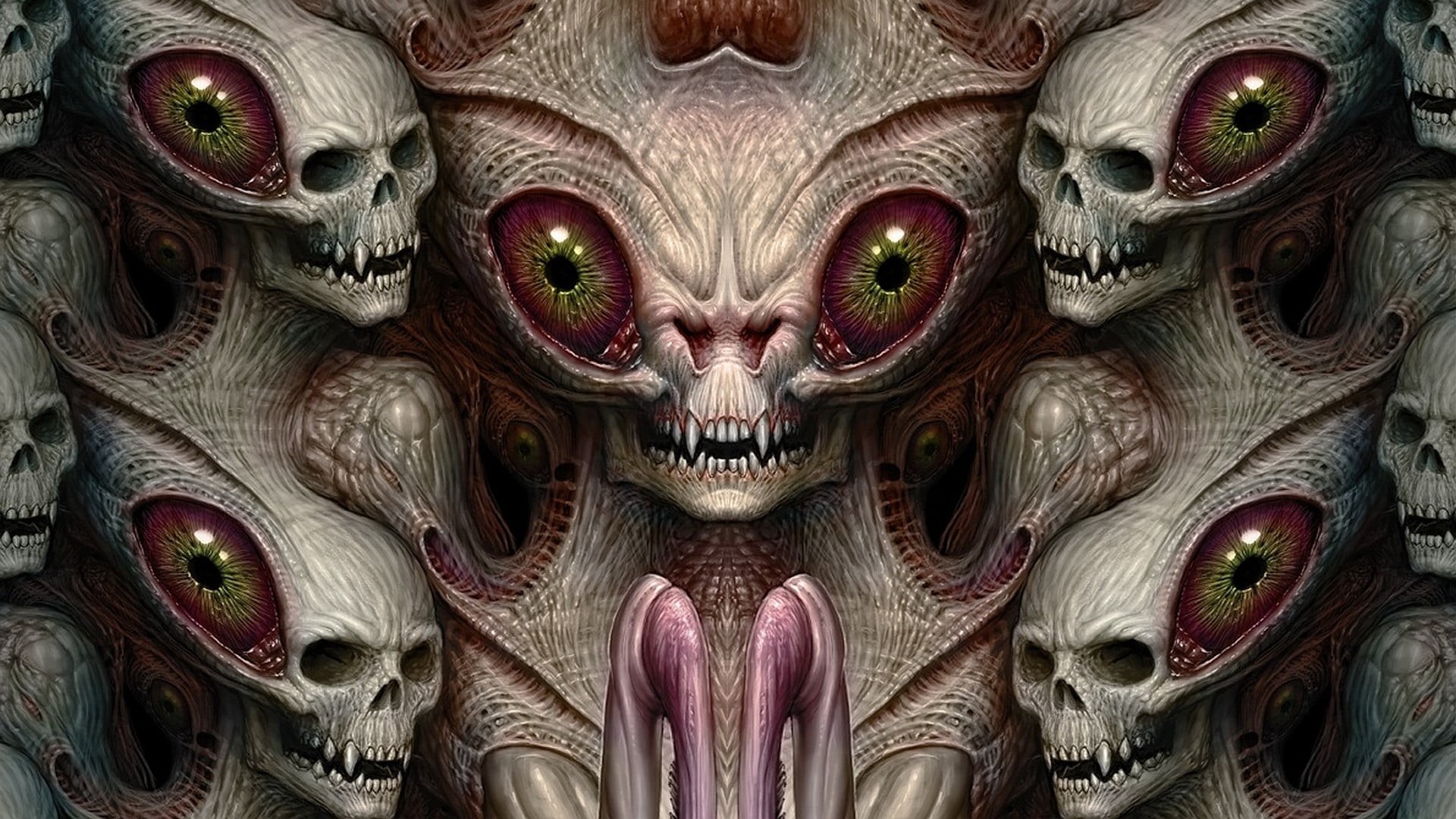 drawing, no people, 1080P, full frame, large group of objects, aliens, outdoors, mask, disguise, monster - fictional character, skull, design, HD Wallpaper