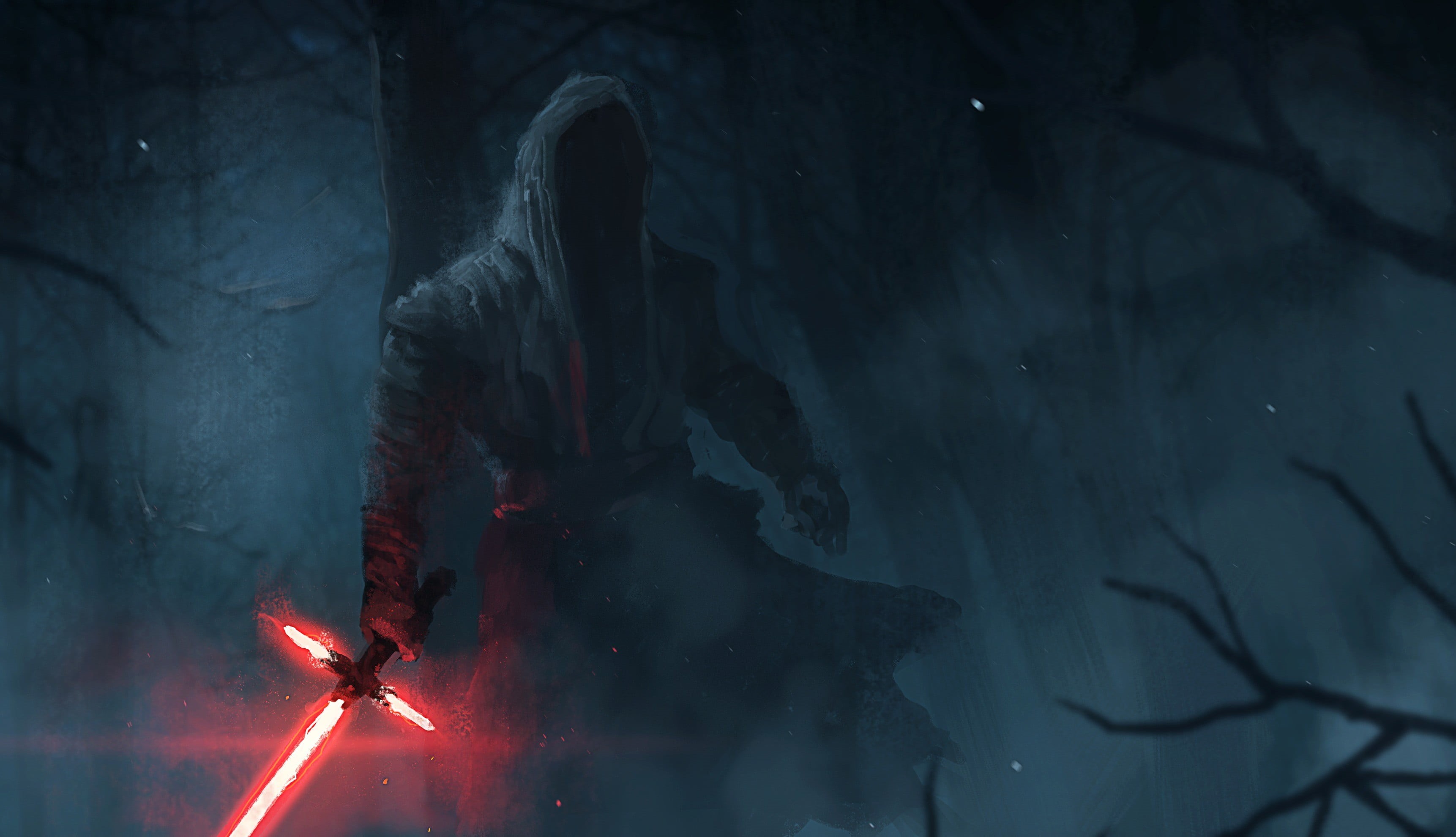 indoors, arts culture and entertainment, silhouette, illuminated, motion, red, lightsaber, fog, digital, celebration, fear, man, Kylo Ren, Star Wars, nature, HD Wallpaper