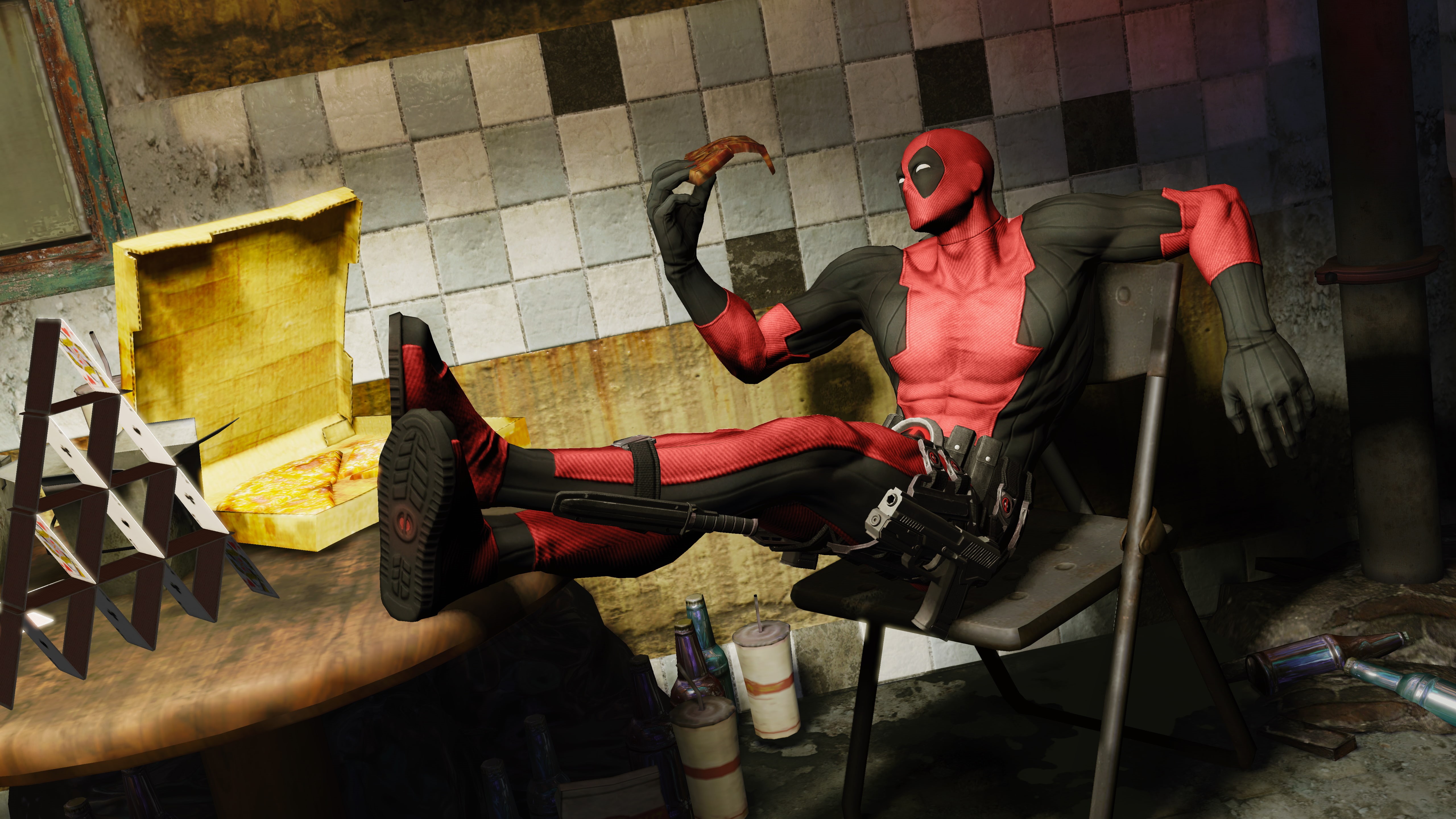 building exterior, clothing, seat, architecture, one person, art and craft, 5K, casual clothing, creativity, graffiti, pizza, Marvel, deadpool, HD Wallpaper