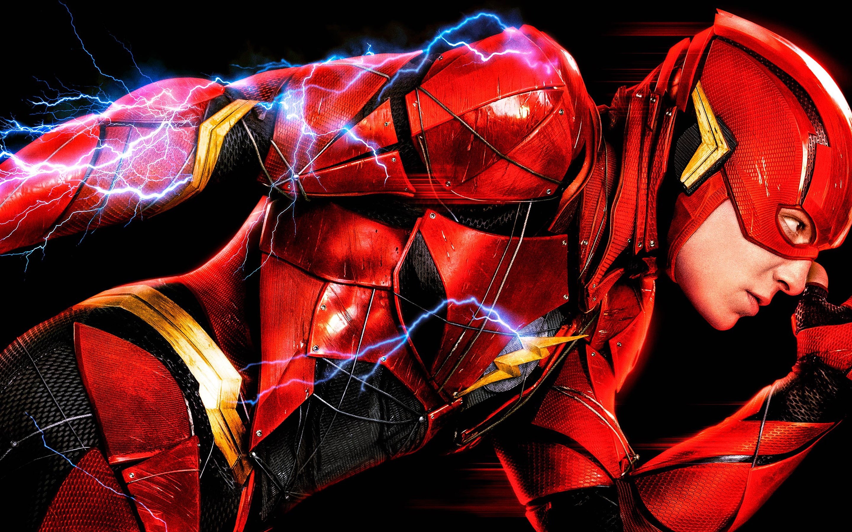 2K, sparks, DC Comics, comic, The Flash, fiction, Ezra Miller, costume, poster, Justice League, red, Barry Allen, black background, Flash, HD Wallpaper
