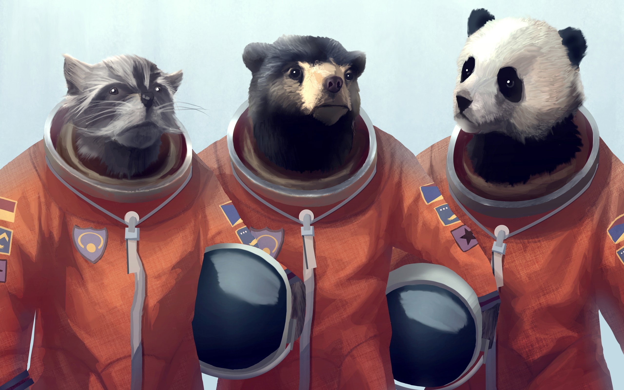 Fandom, Panda, bears, animals, artwork, 2K, creative, Racoon, Furry, Cosmonaut, HD Wallpaper