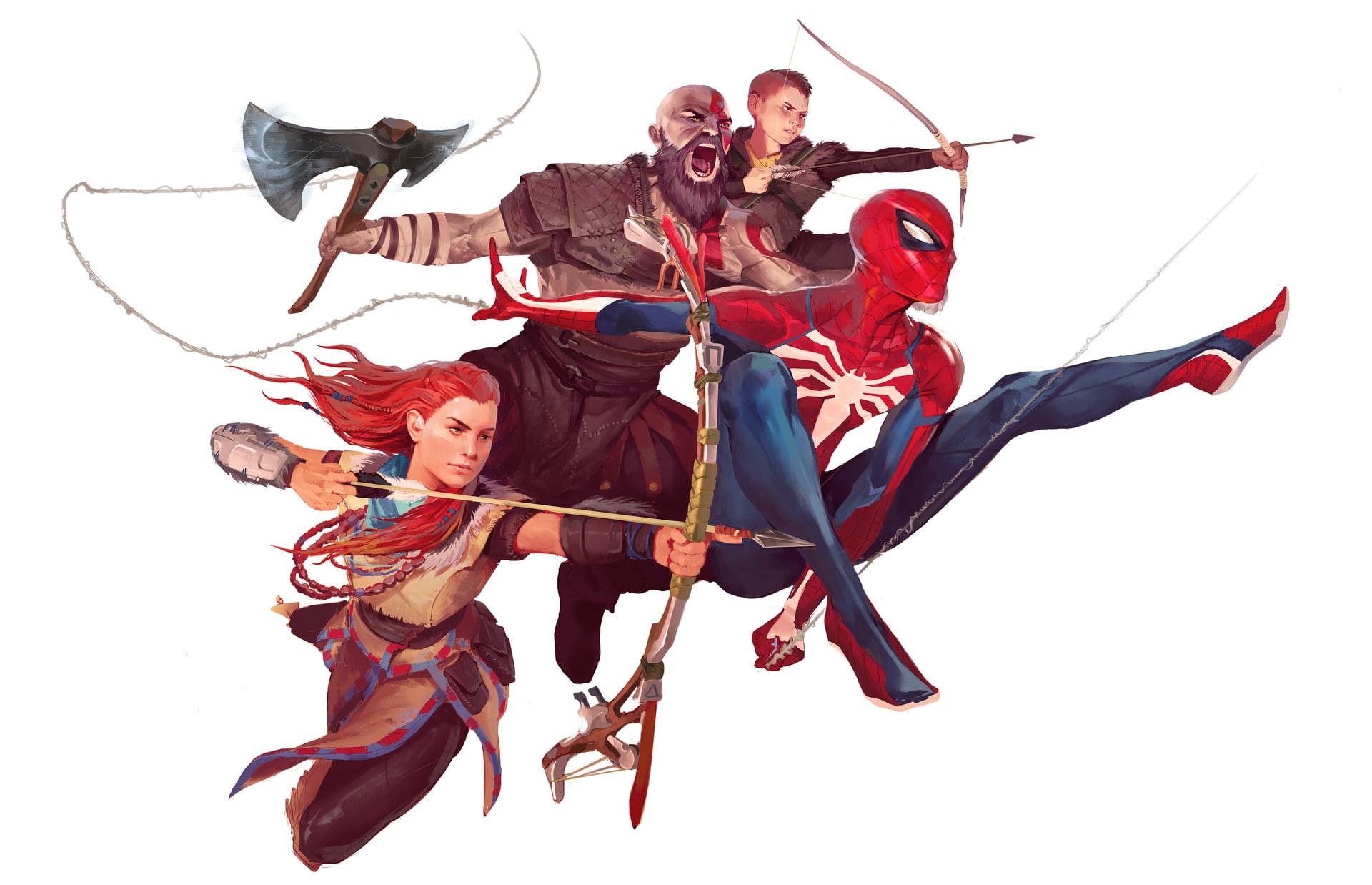 1080P, artwork, God of War, Horizon: Zero Dawn, Video Game Art, Aloy (Horizon: Zero Dawn), video games, Kratos, Spider-Man, God of War (2018), Spider-Man, HD Wallpaper