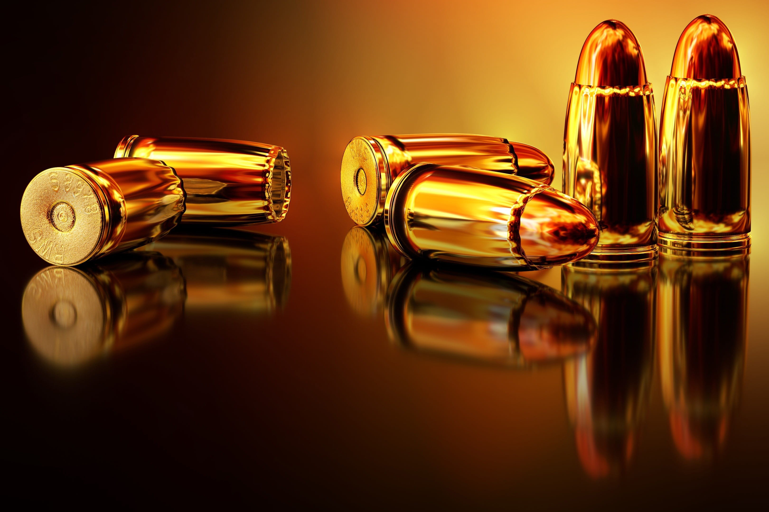 table, no people, indoors, glass, household equipment, metal, close-up, reflection, drinking glass, war, music, studio shot, bullets, golden, brass, still life, HD Wallpaper