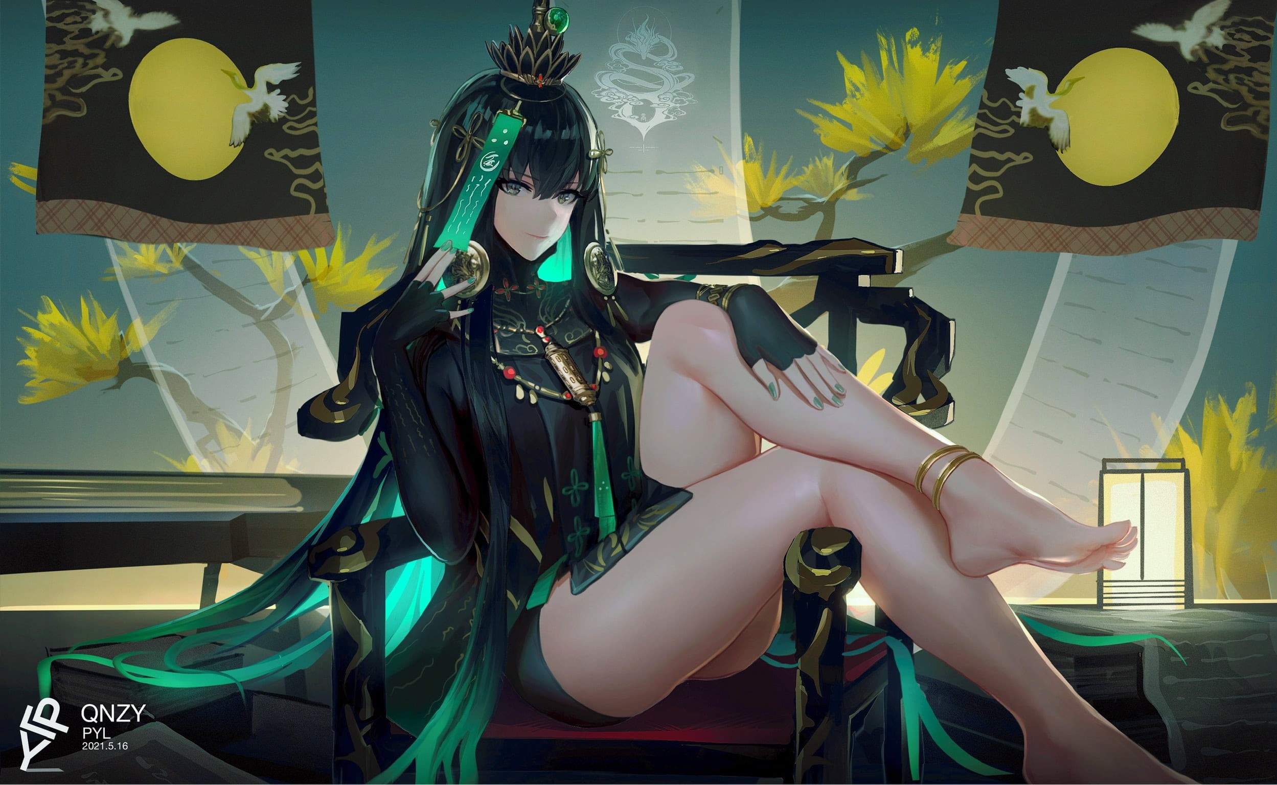 Punishing: Gray Raven, green nails, looking at viewer, long hair, QNZY, song, barefoot, illustration, anime, 1080P, HD Wallpaper