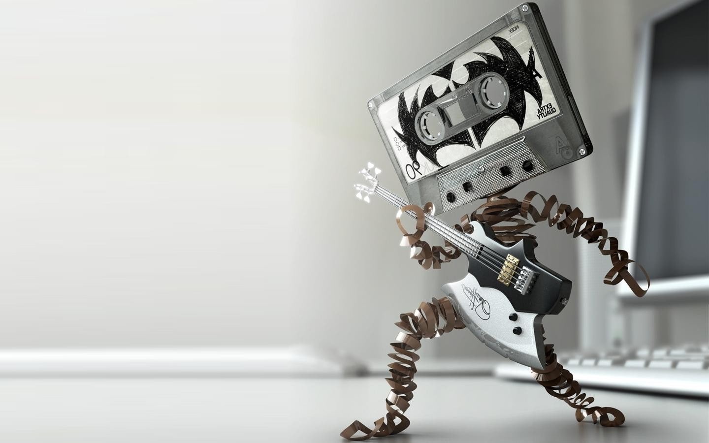 musical instrument, digital art, minimalism, render, 720P, audio cassete, guitar, robot, humor, HD Wallpaper