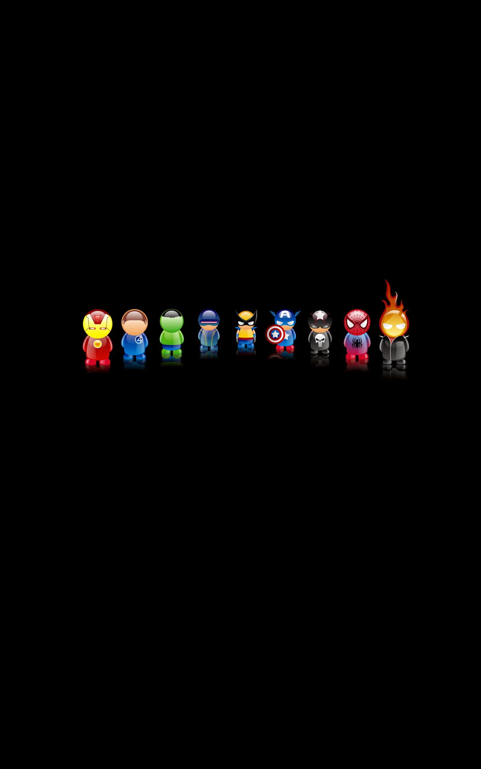 burning, Fantastic Four, chibi, black background, Captain America, indoors, Wolverine, multi colored, arts culture and entertainment, studio shot, simple background, Phone HD Wallpaper