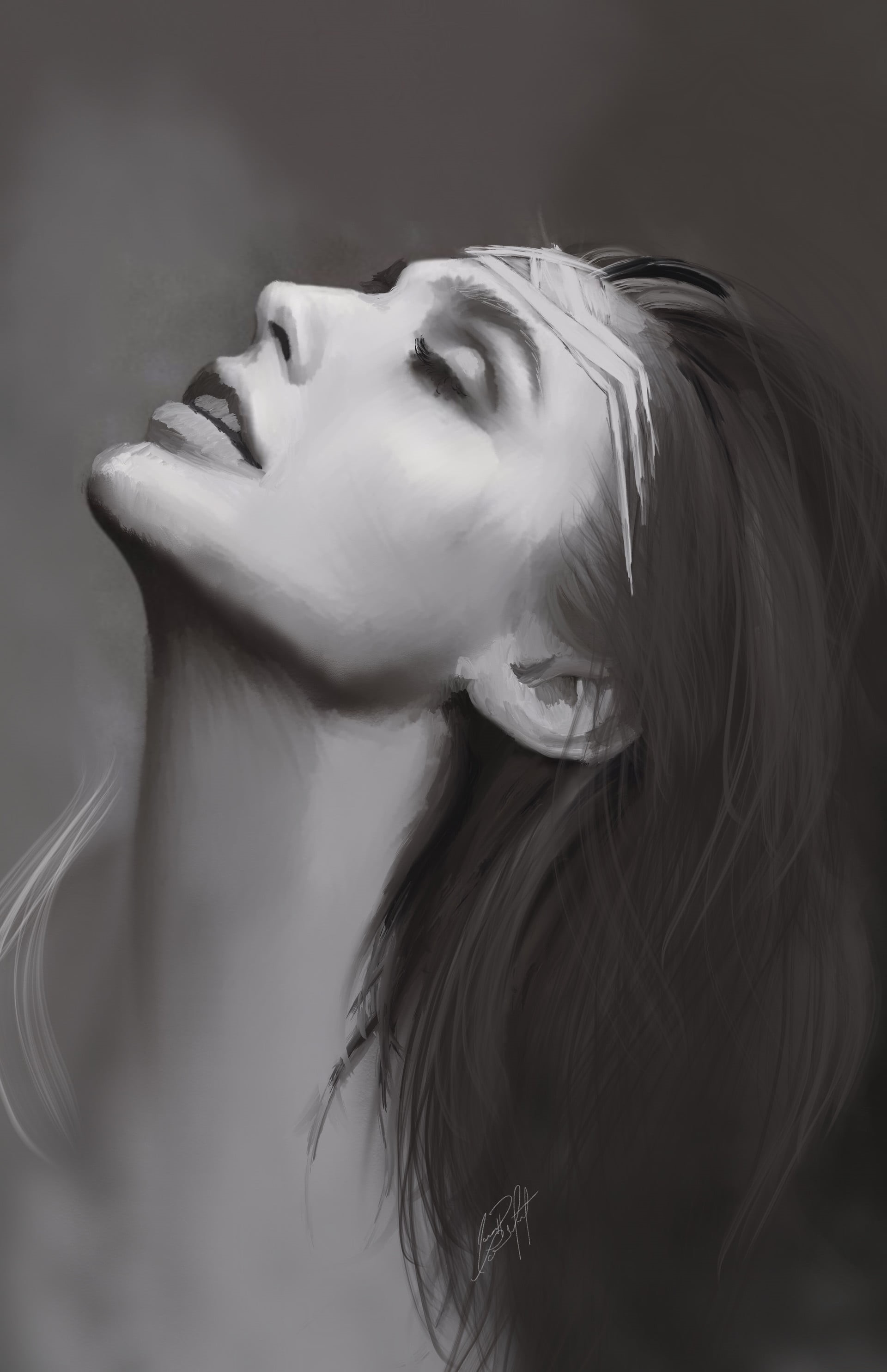 young woman, open mouth, closed eyes, Diana (wonder woman), long hair, artwork, drawing, ArtStation, pencil drawing, portrait display, crown, simple background, Phone HD Wallpaper