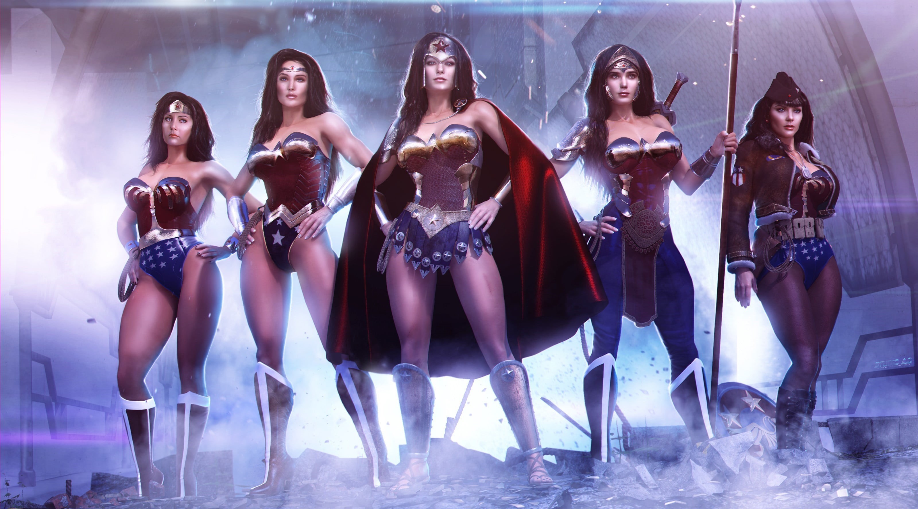 full length, standing, Wonder Woman, DC Comics, people, beautiful woman, artwork, beauty, hairstyle, woman, women, young adult, indoors, young women, illustration, HD Wallpaper