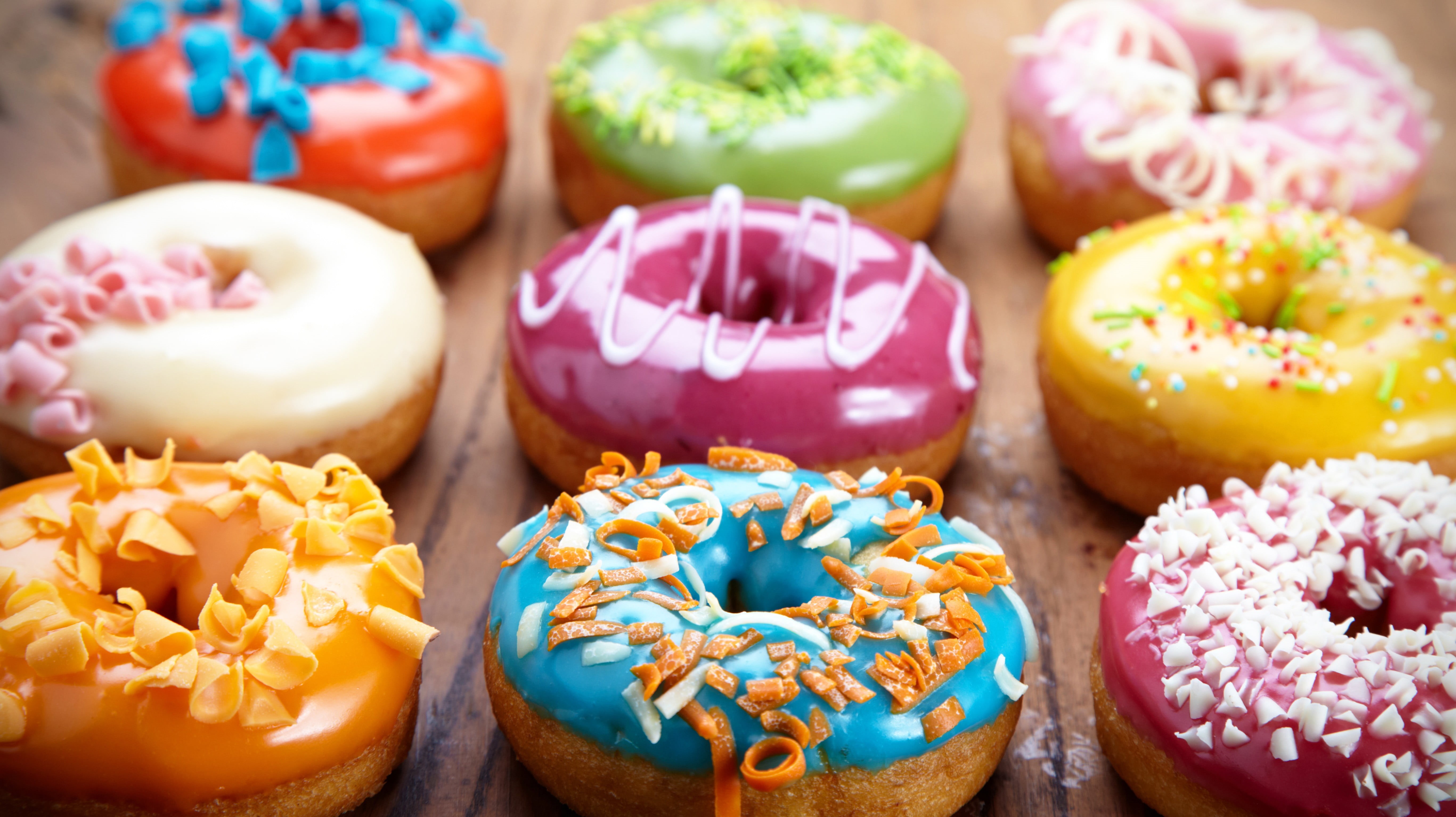 baked pastry item, snack, sprinkles, donuts, baked, colorful, group of objects, order, nine, icing, choice, indulgence, dessert, sweet, medium group of objects, HD Wallpaper