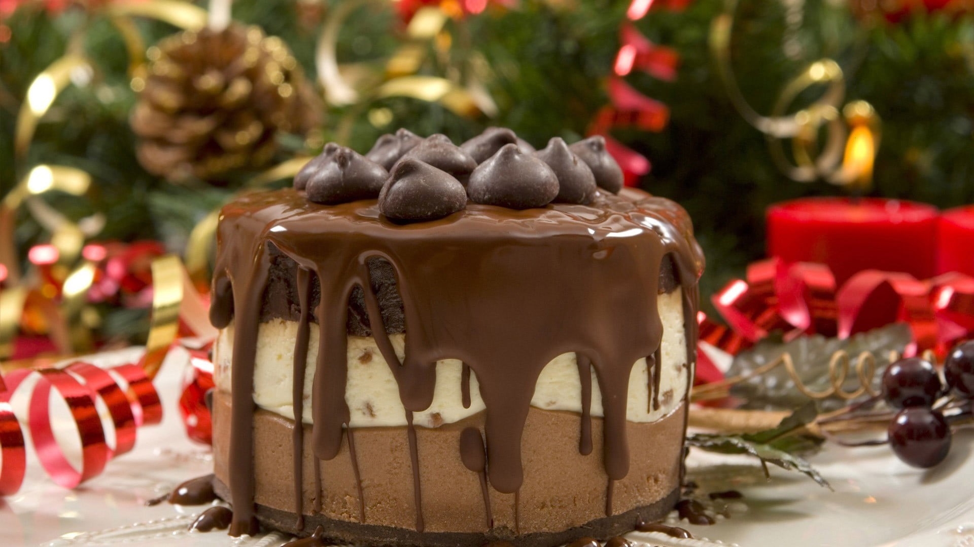focus on foreground, tree, 1080P, temptation, ribbon, food and drink, holiday - event, celebration, food, christmas cake, decoration, dessert, baked, holiday, HD Wallpaper