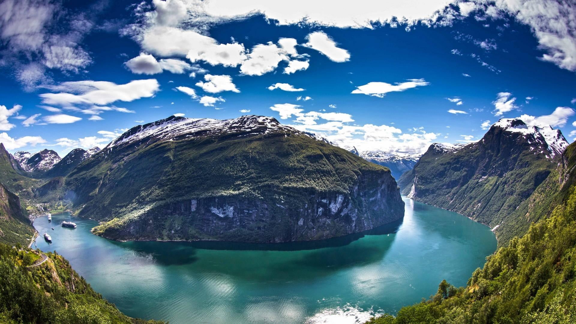 fjord, sky, scenics - nature, national park, geiranger, tranquility, reflection, rock, land, water resources, tranquil scene, day, lake, cloud - sky, solid, HD Wallpaper