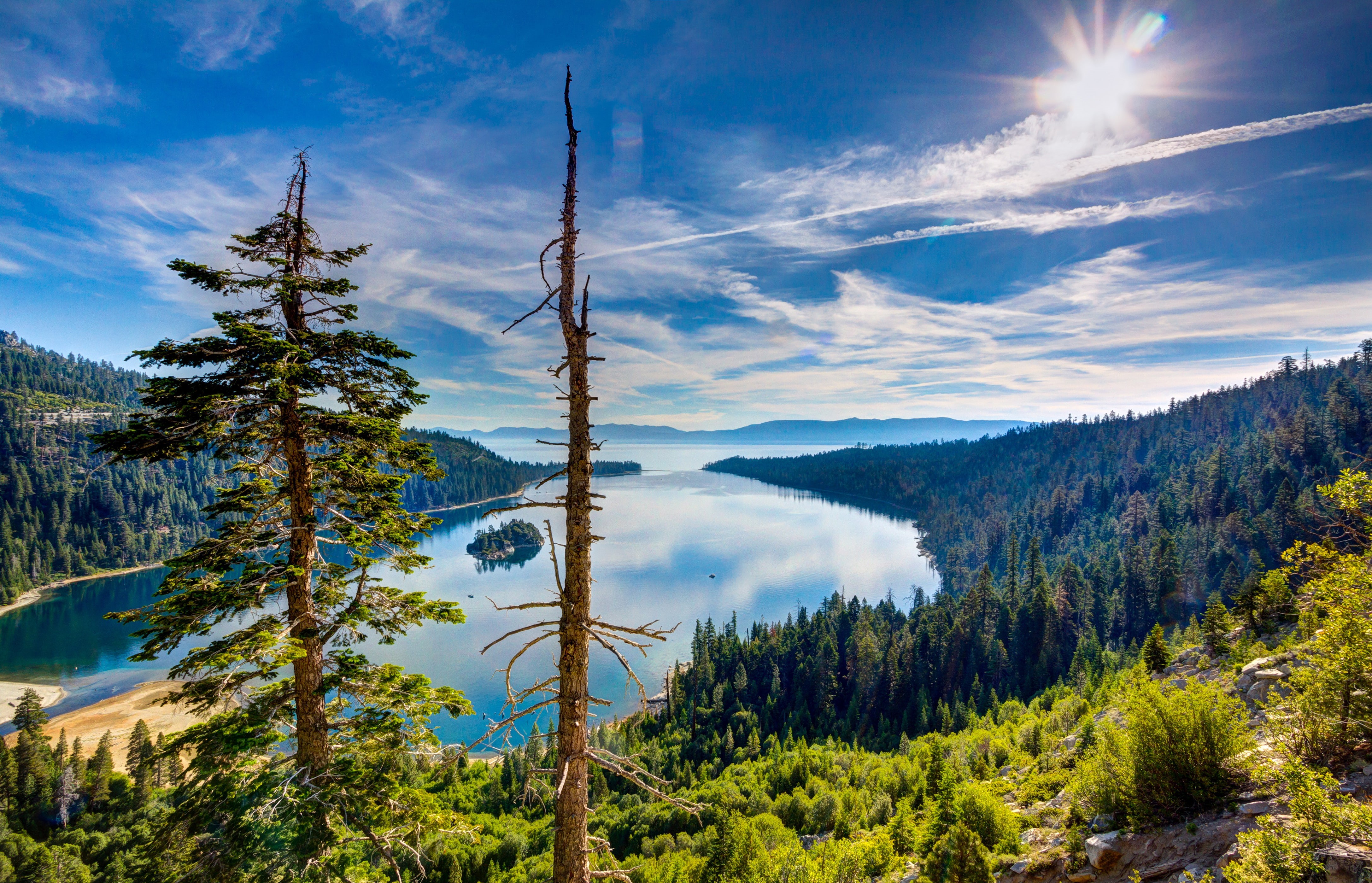 lake, trees, top view, California, forest, Tahoe, 4K, USA, Lake Tahoe, rocks, sky, sun, clouds, mountains, HD Wallpaper