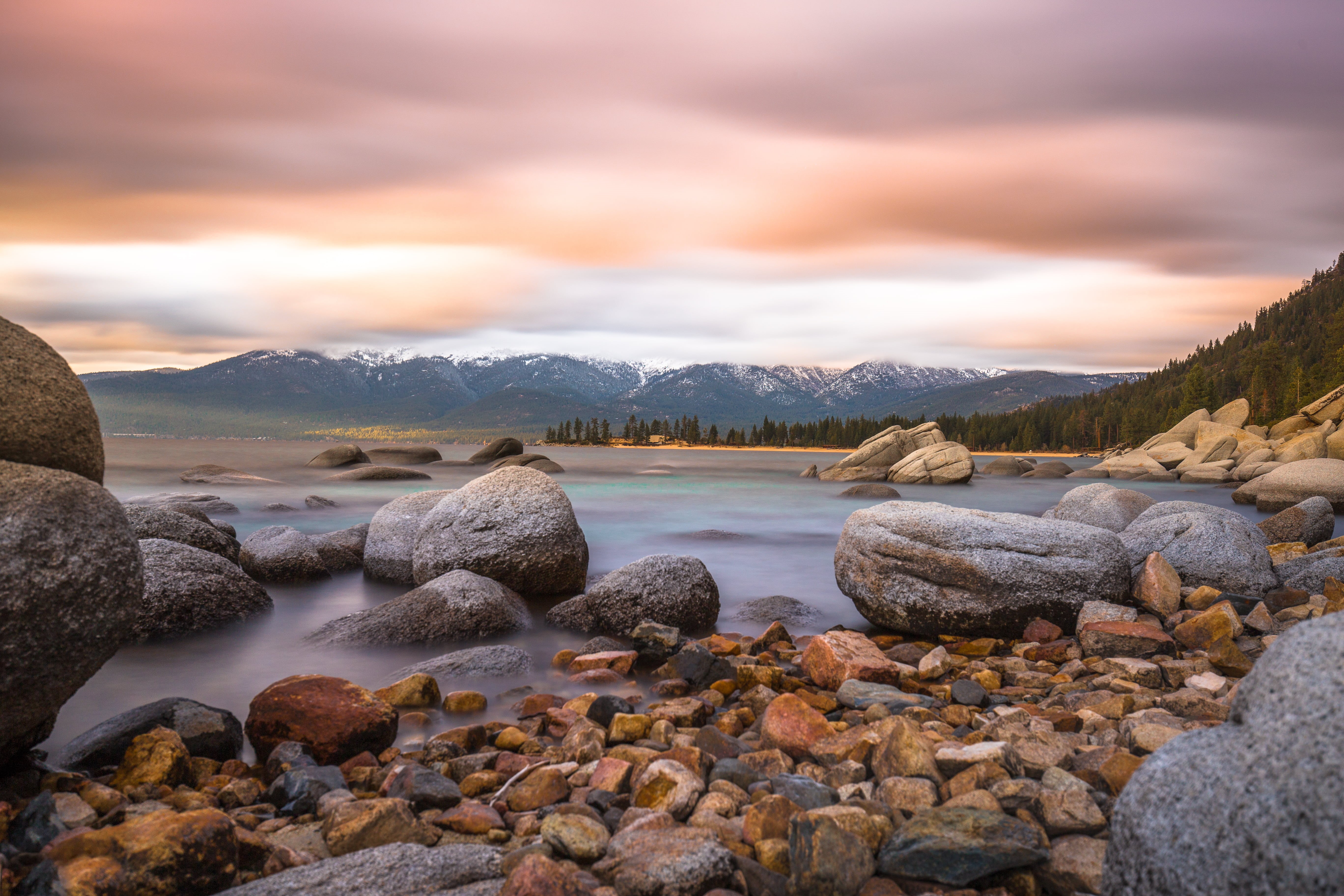 rock - Object, mountain, daytime, beauty In Nature, lake, landscape, 5K, sky, Sunset, photo, tahoe, seashore, water, nature, Lake Tahoe, scenics, Nevada, HD Wallpaper