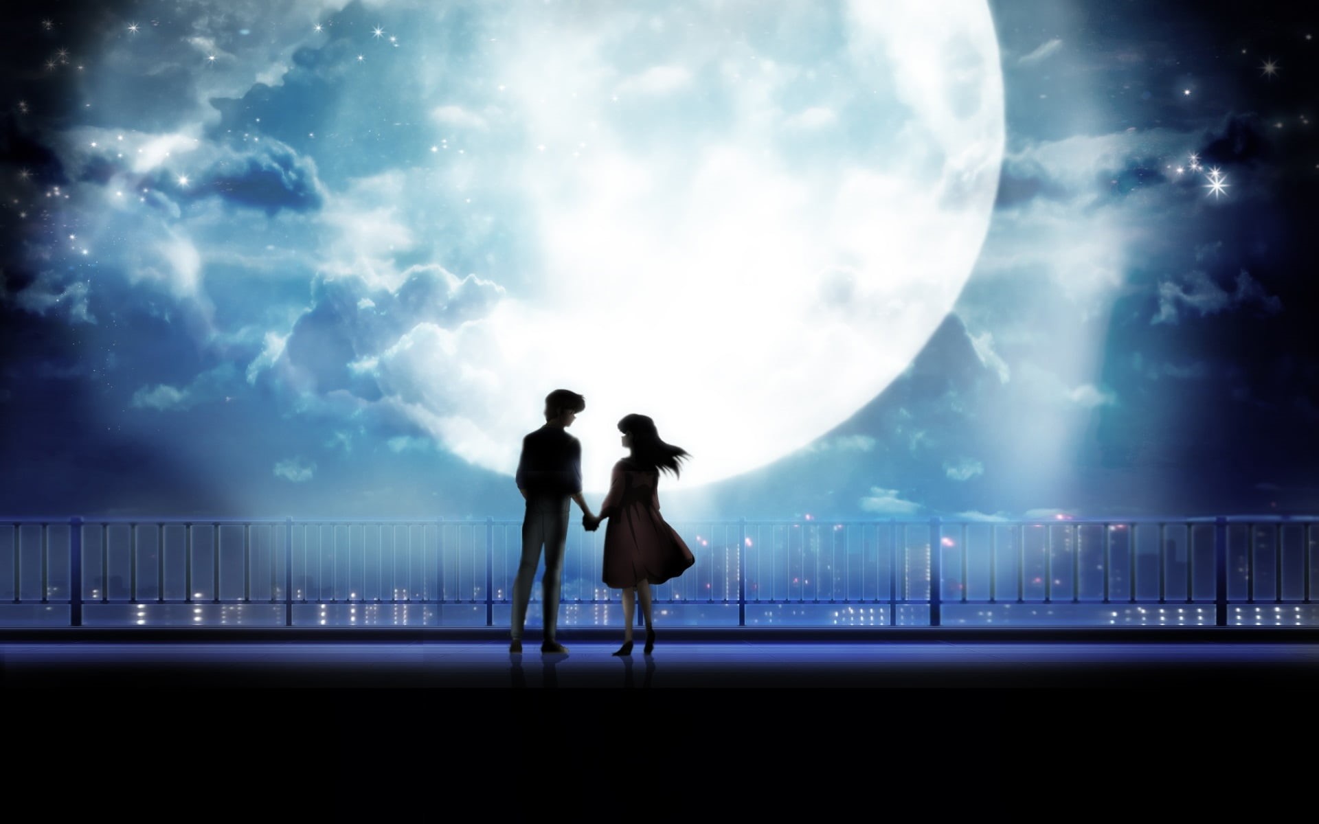 moonlight, standing, couple - relationship, full length, love, sky, adult, night, digital composite, people, nature, outdoors, positive emotion, two people, HD Wallpaper