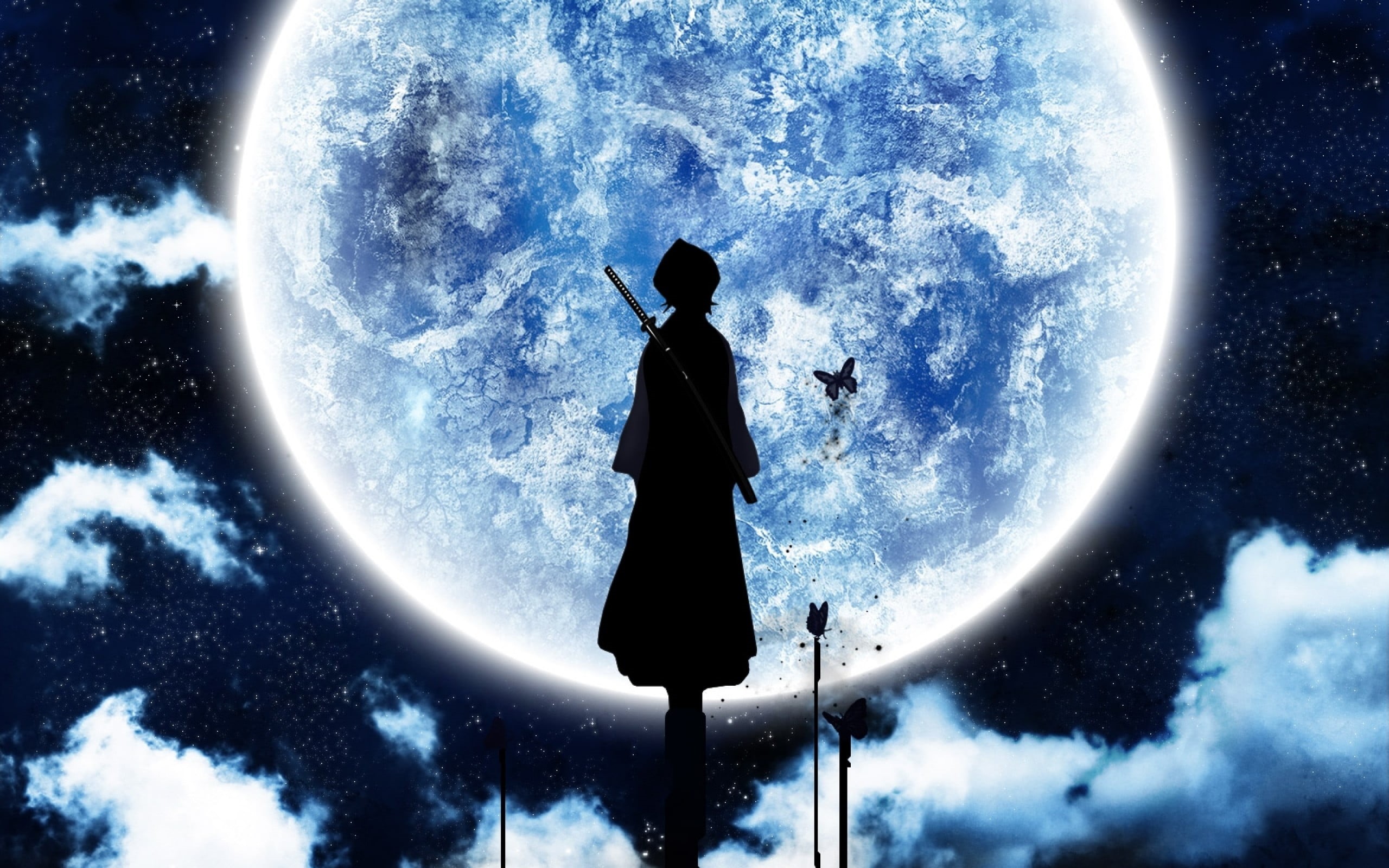 real people, one person, planet - space, silhouette, astronomy, 2K, night, sky, blue, outdoors, anime, three quarter length, Bleach, standing, HD Wallpaper