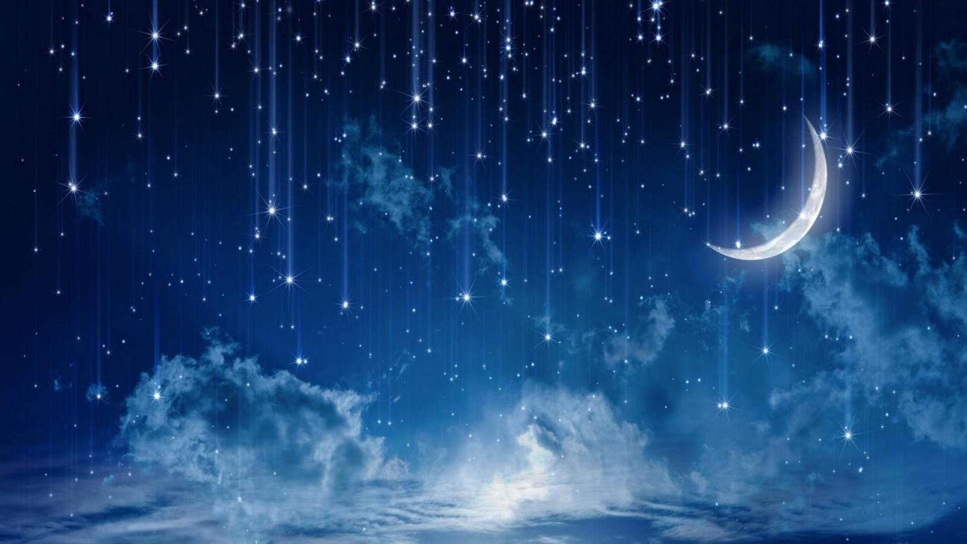 night, 1080P, sky, stars, moonlight, stardust, moon, blue, HD Wallpaper