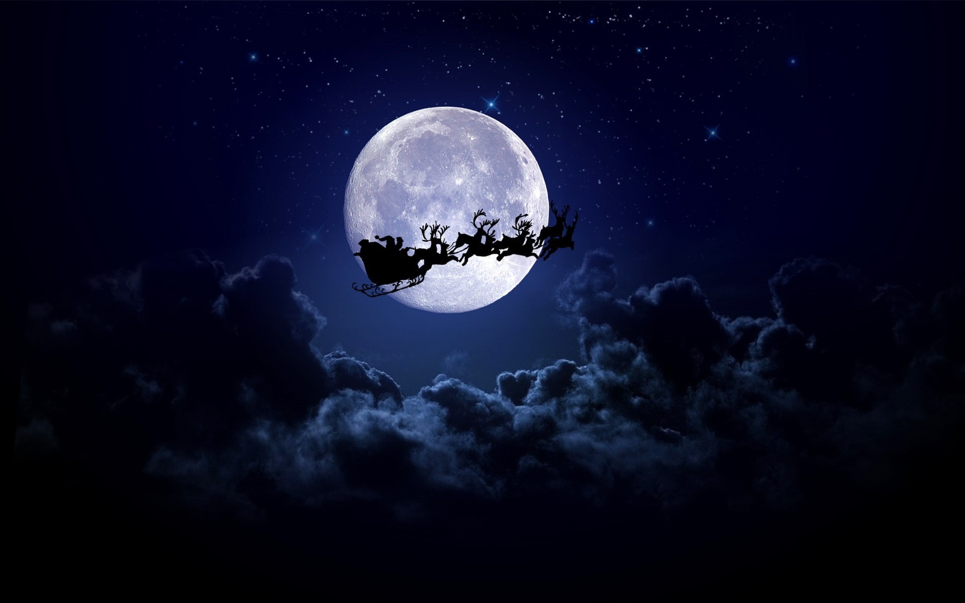 reindeer, Santa Claus, clouds, Moon, santa, 1080P, Christmas, Christmas sleigh, HD Wallpaper