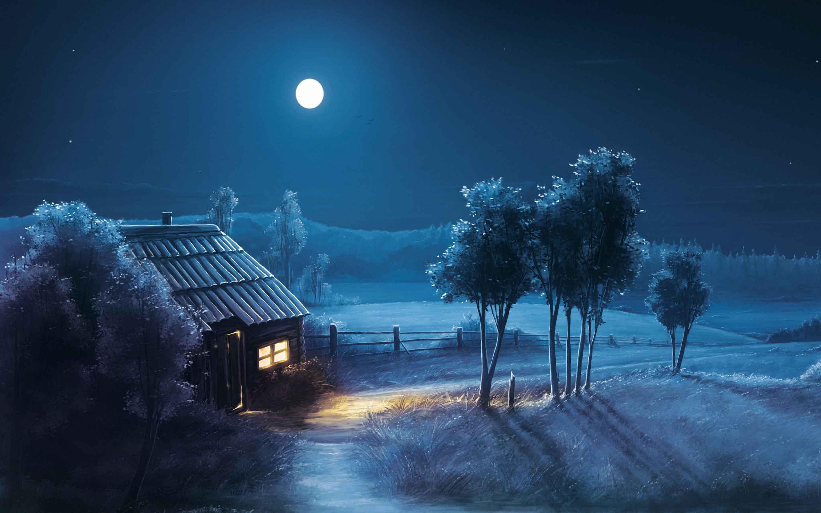 blue, full, house, 2K, brown, scenery, moon, night, HD Wallpaper