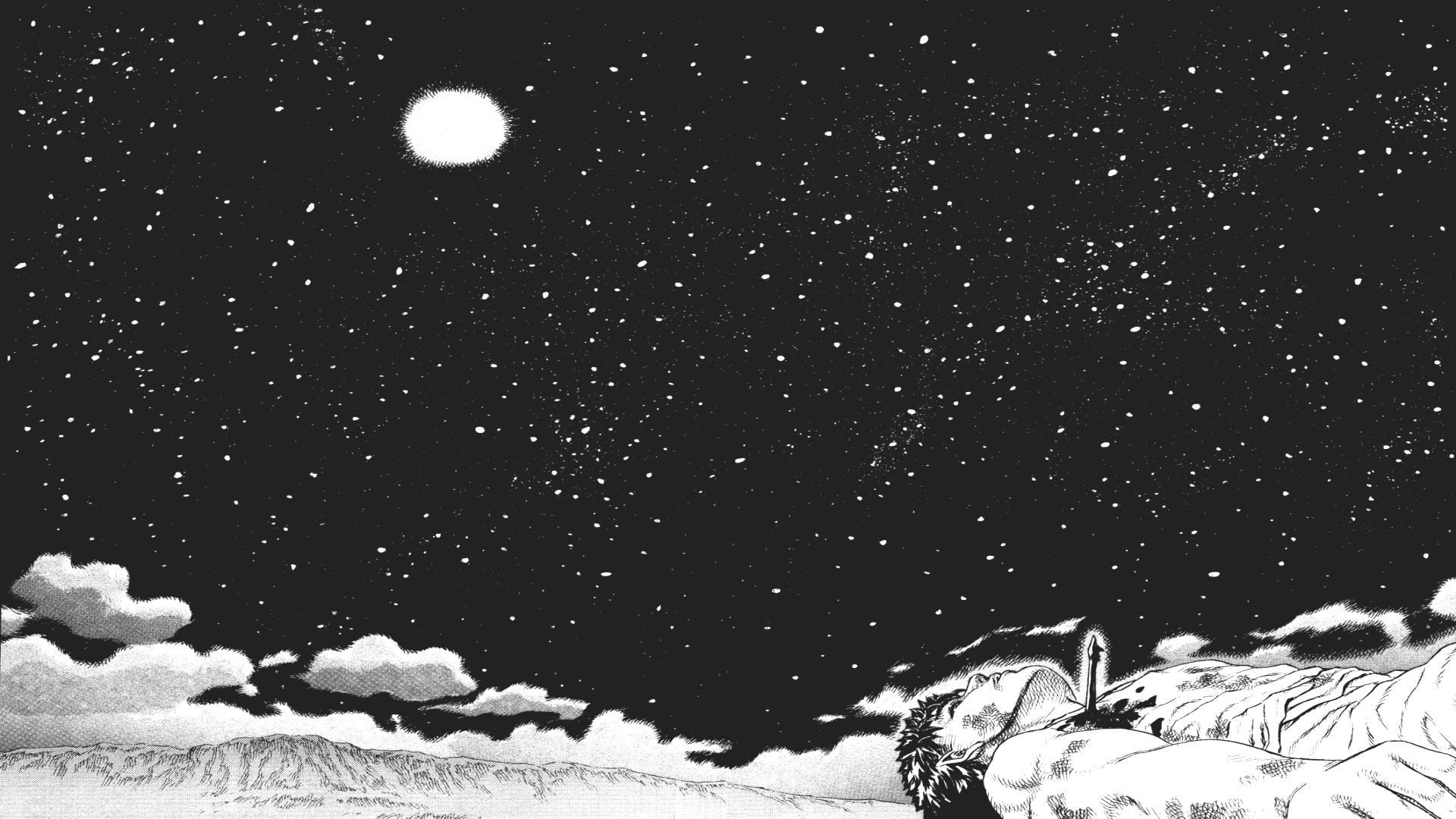 Moon, no people, outdoors, anime, star - space, snowing, tranquility, grayscale, snow, nature, tree, Guts, scenics - nature, night sky, photo, Kentaro Miura, HD Wallpaper