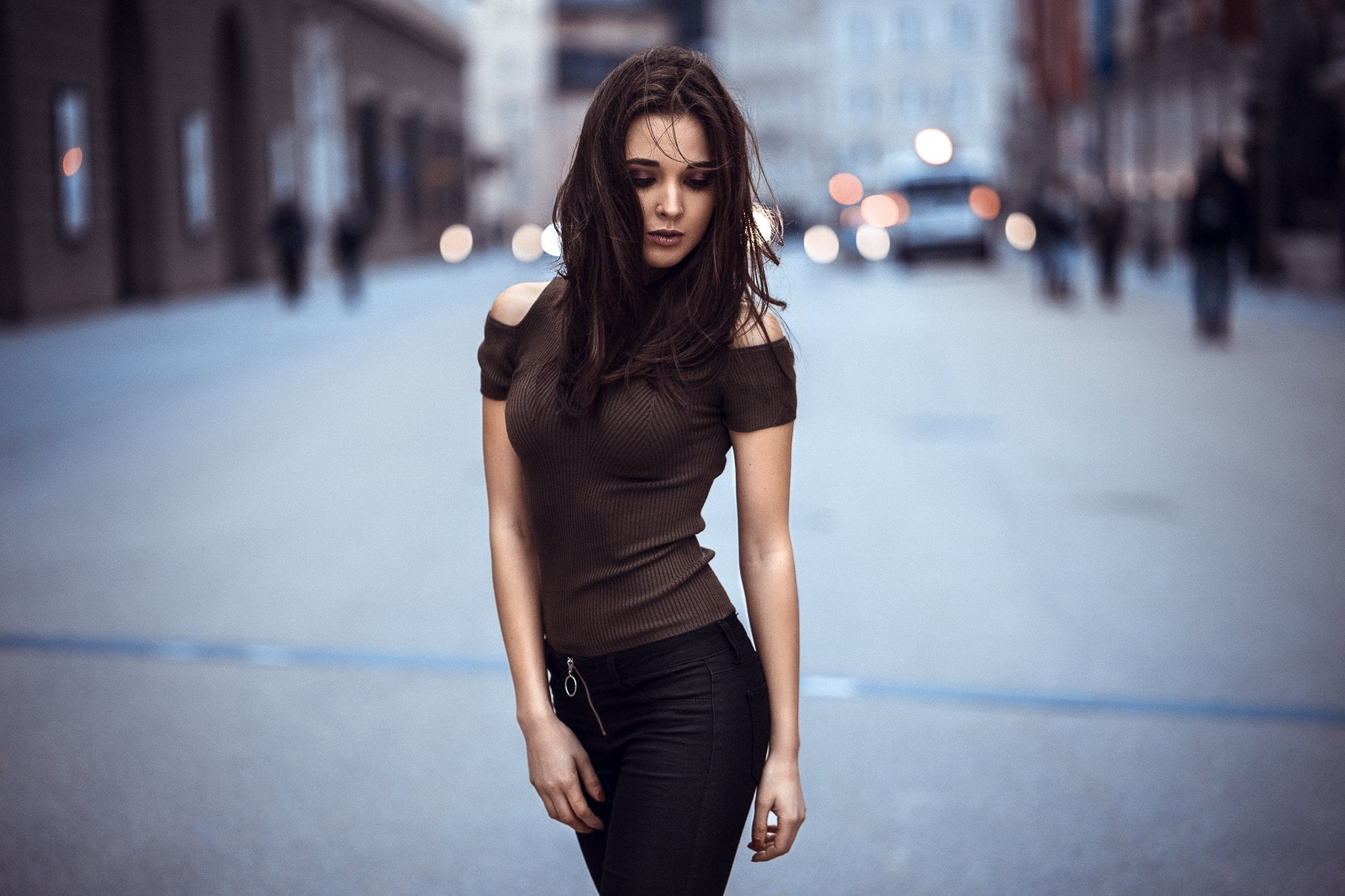 women, beautiful woman, brunette, fashion, beauty, hairstyle, brown, women outdoors, portrait, shoulder, 1080P, clothing, standing, young adult, city, HD Wallpaper