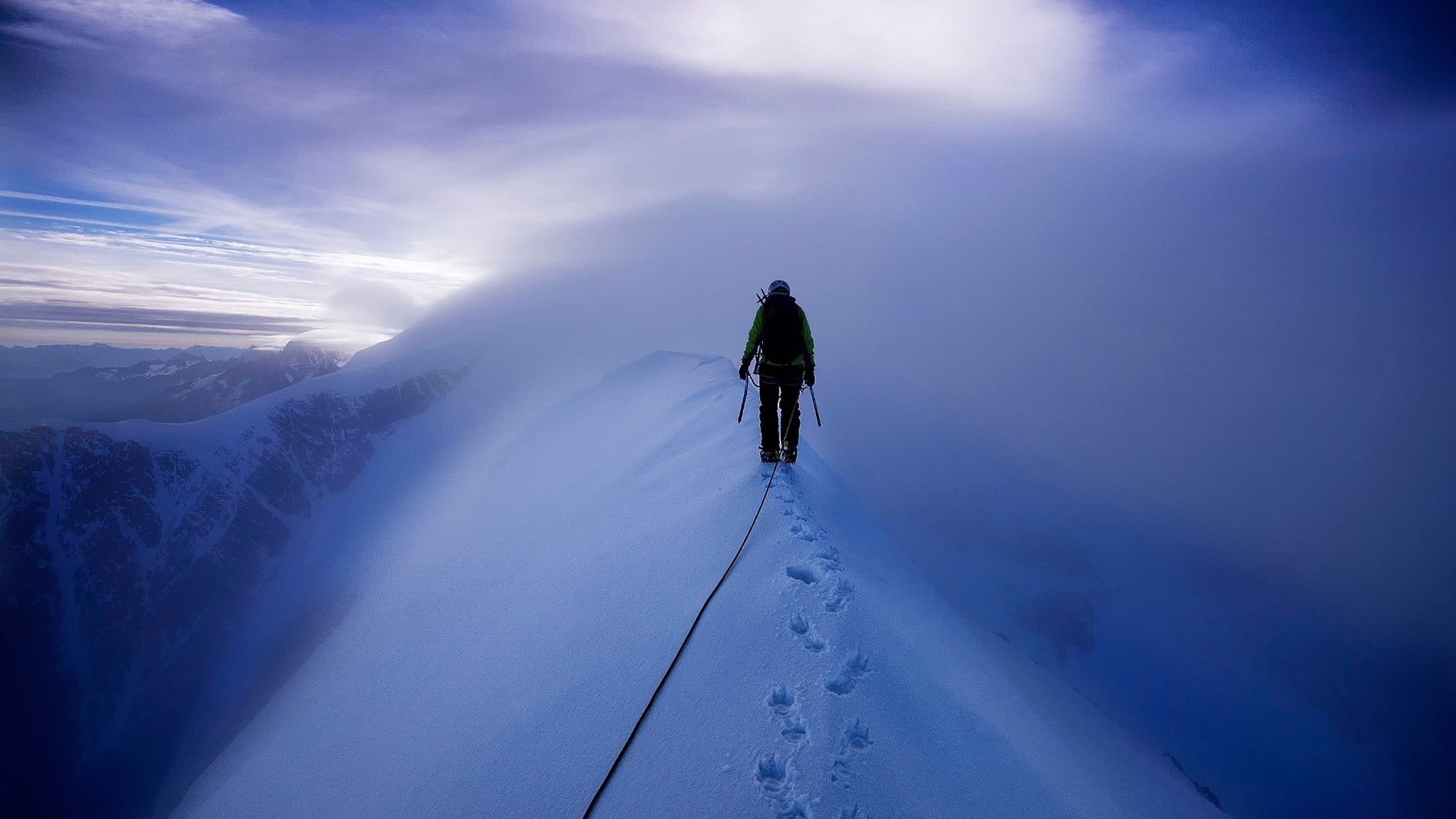 ski-wear, person, one person, mountain, warm clothing, winter sport, holiday, sport, mountains, ski holiday, 1080P, sky, scenics - nature, adventure, environment, HD Wallpaper