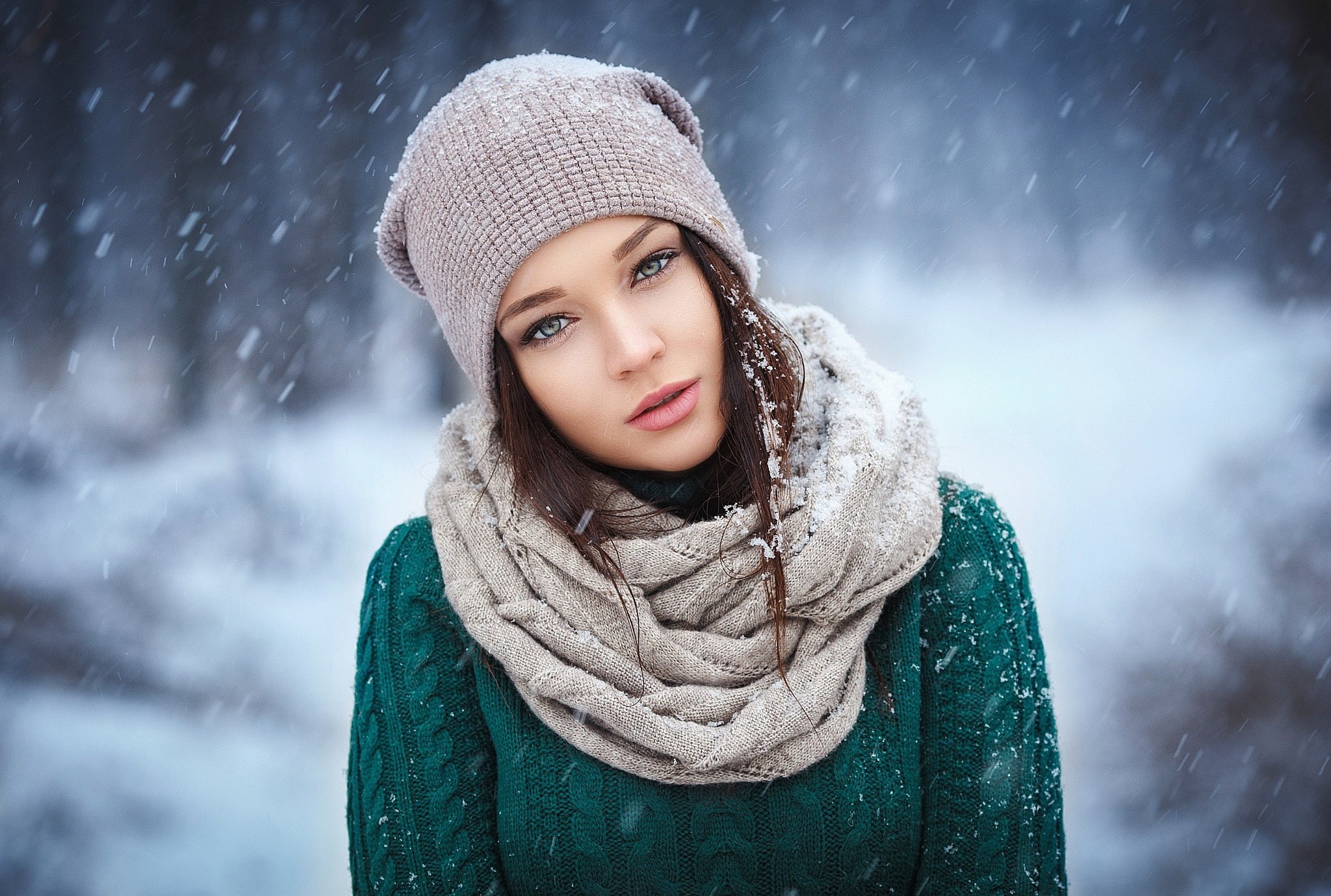 hat, clothing, young adult, beautiful woman, young women, warm clothing, cold temperature, front view, portrait, snow, beauty, Angelina Petrova, cold, outdoors, HD Wallpaper