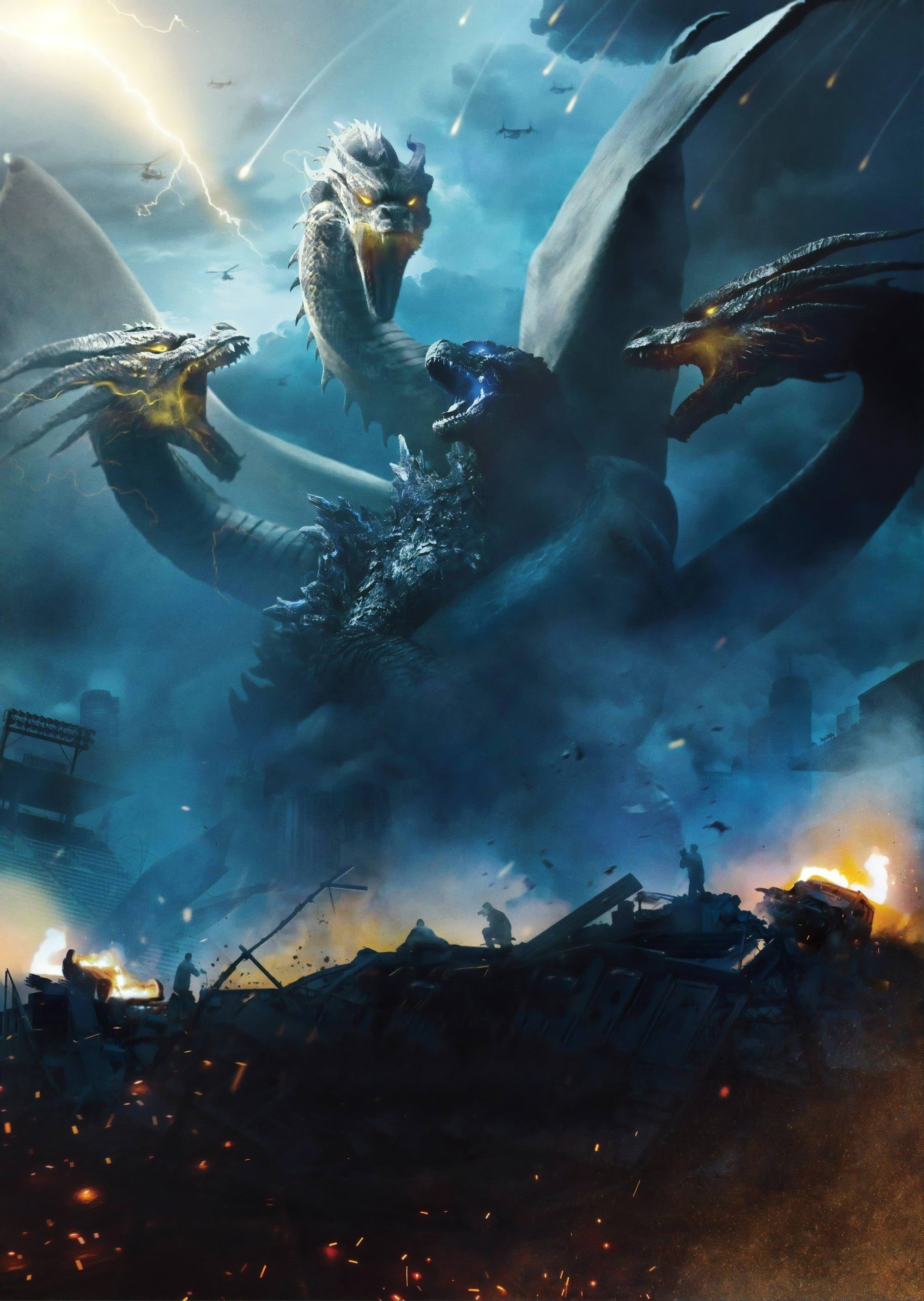 Godzilla, King Ghidorah, Godzilla: King of the Monsters, movies, kaiju, artwork, 2K, Phone HD Wallpaper