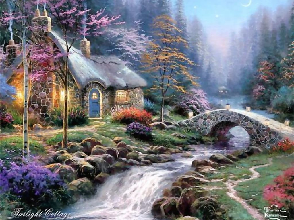 flower, twilight, thomas, kinkade, abstract, creek, bridge, art, house, cottage, 480P, hd, HD Wallpaper
