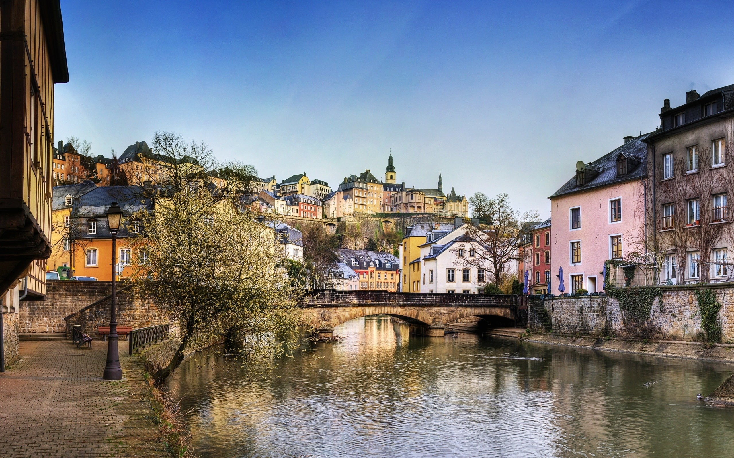 2K, Bridge, Trees, River, Luxembourg, Houses, HD Wallpaper