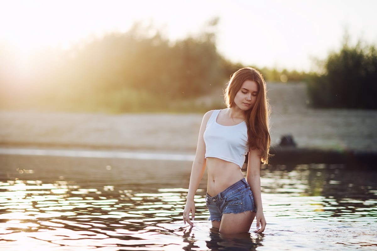 outdoors, women, sunset, jeans, brown hair, in water, one person, hairstyle, hair, sunlight, young adult, young women, Polina Sterzhnykh, portrait, beautiful woman, HD Wallpaper