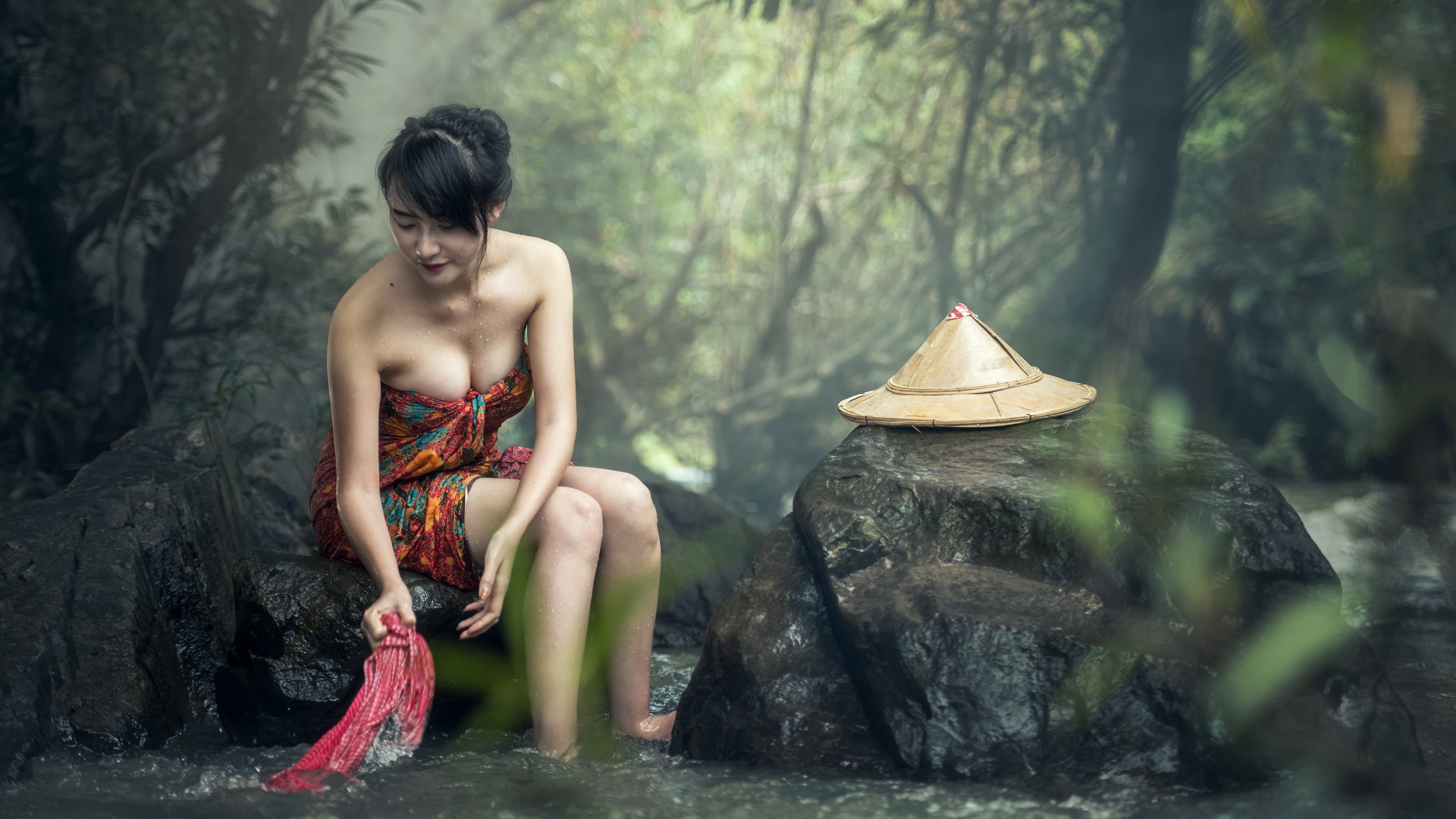 beauty, beautiful woman, river, one person, plant, women, tree, leisure activity, Asian, outdoors, land, floral, fashion, lifestyles, forest, dress, orange, HD Wallpaper