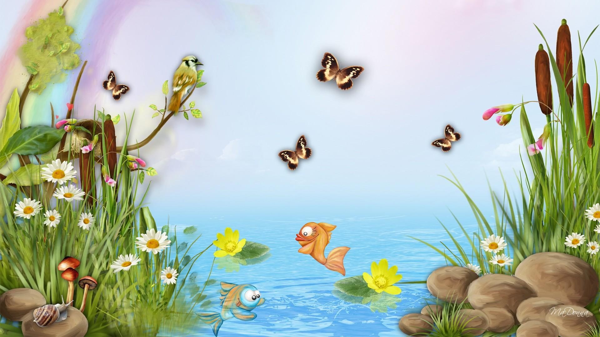 cute, daisies, rainbow, cat tails, 1080P, butterfli, water, flowers, spring, bird, summer, pond, rocks, lake, HD Wallpaper