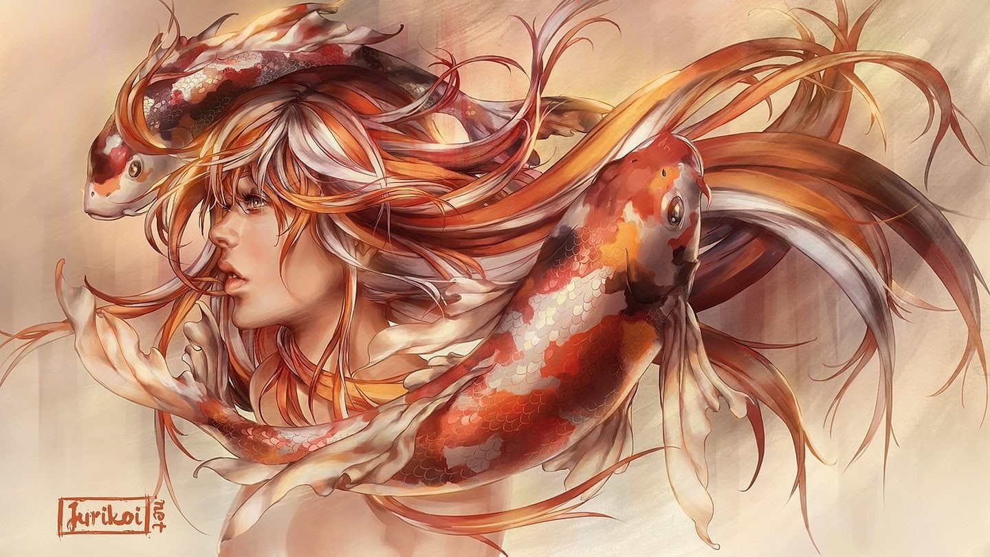 flowing, Women, Carp, close-up, nature, motion, mixing, long hair, 720P, lifestyles, Koi Carp, indoors, Fish, studio shot, one person, beauty, Fantasy, HD Wallpaper